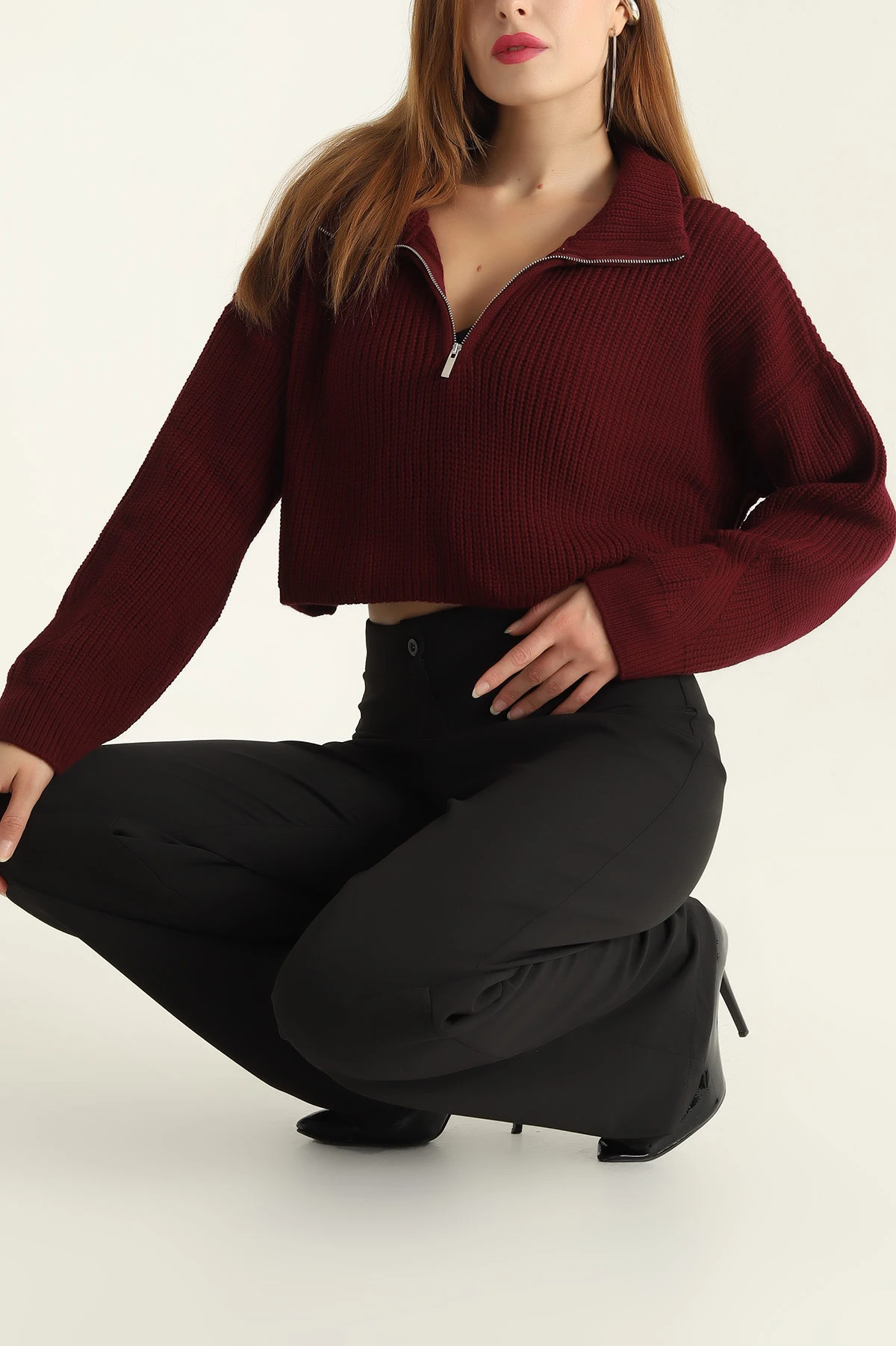Bordo Fermuarlı Triko Bayan Crop Kazak 300313
