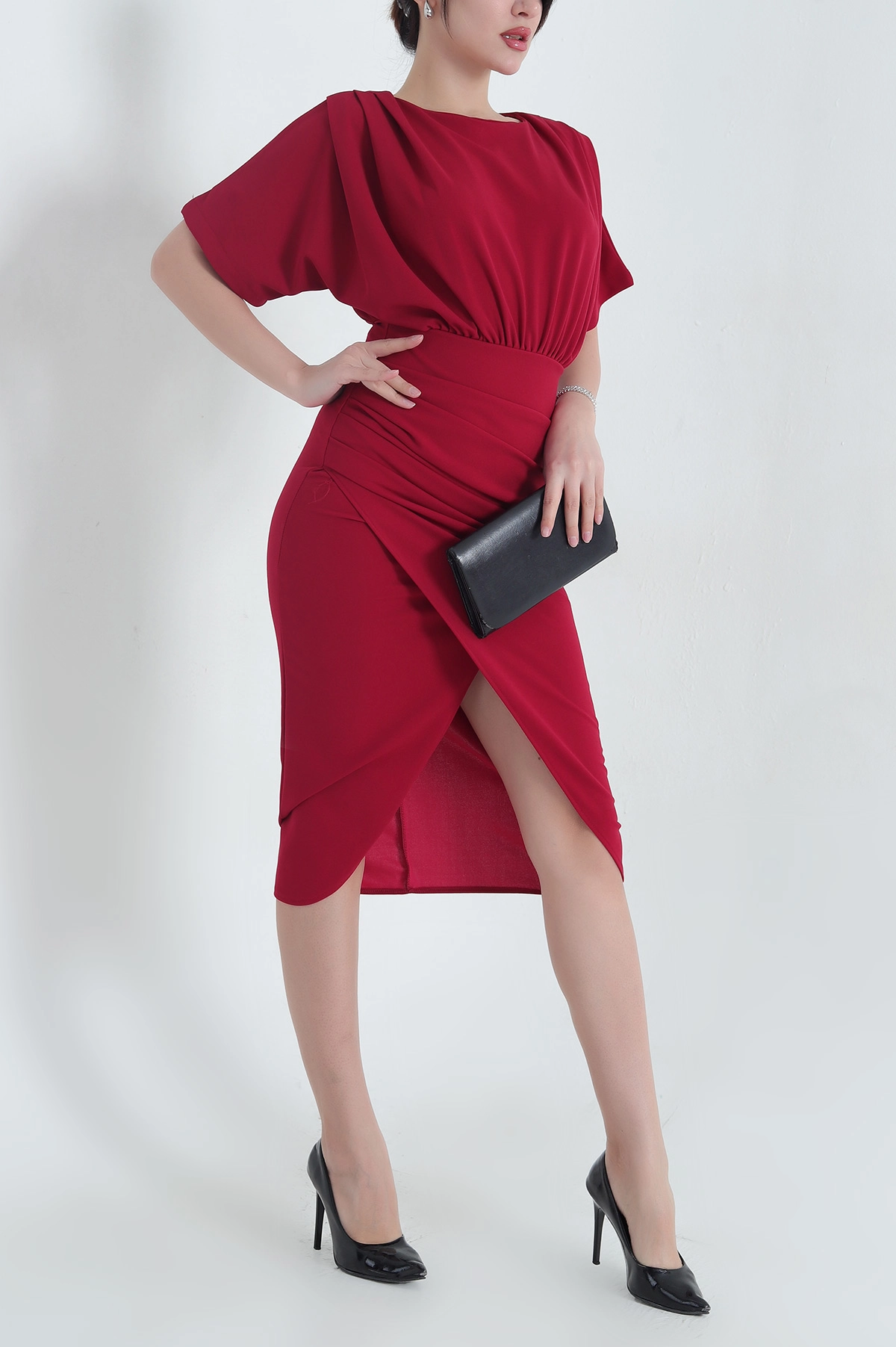 Bordo Fermuarlı Yarasa Kol Crep Elbise 342971