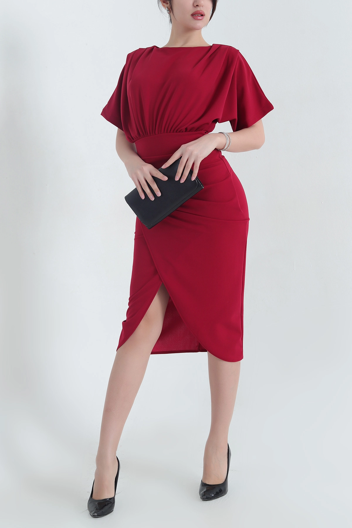Bordo Fermuarlı Yarasa Kol Crep Elbise 342971