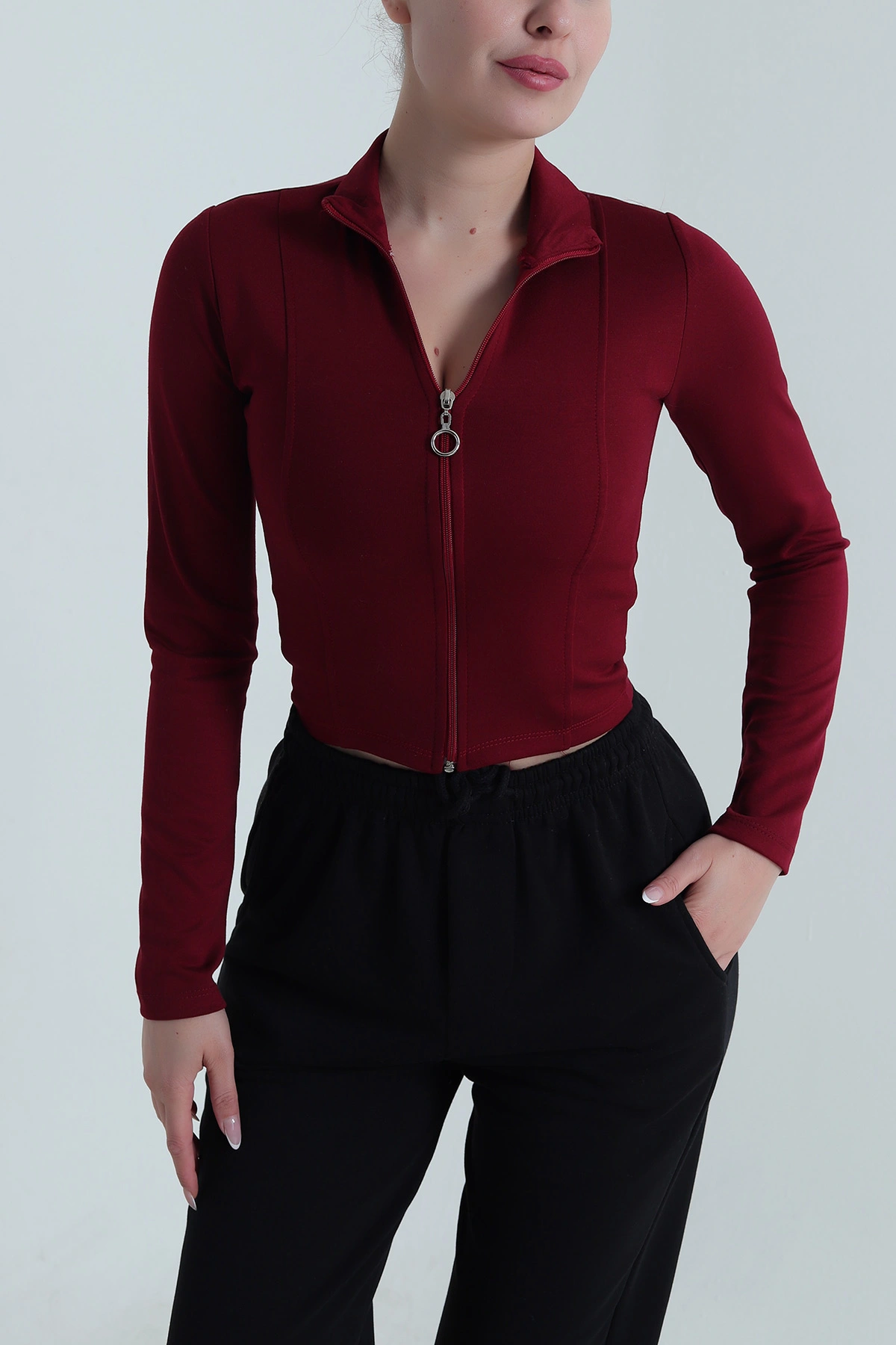 Bordo Fermuarlı Yeni Sezon Kadın Bluz 487740