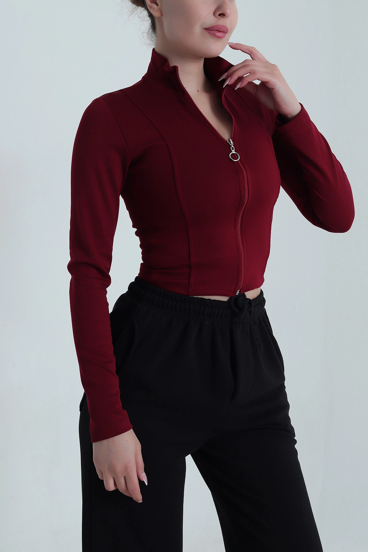Bordo Fermuarlı Yeni Sezon Kadın Bluz 487740