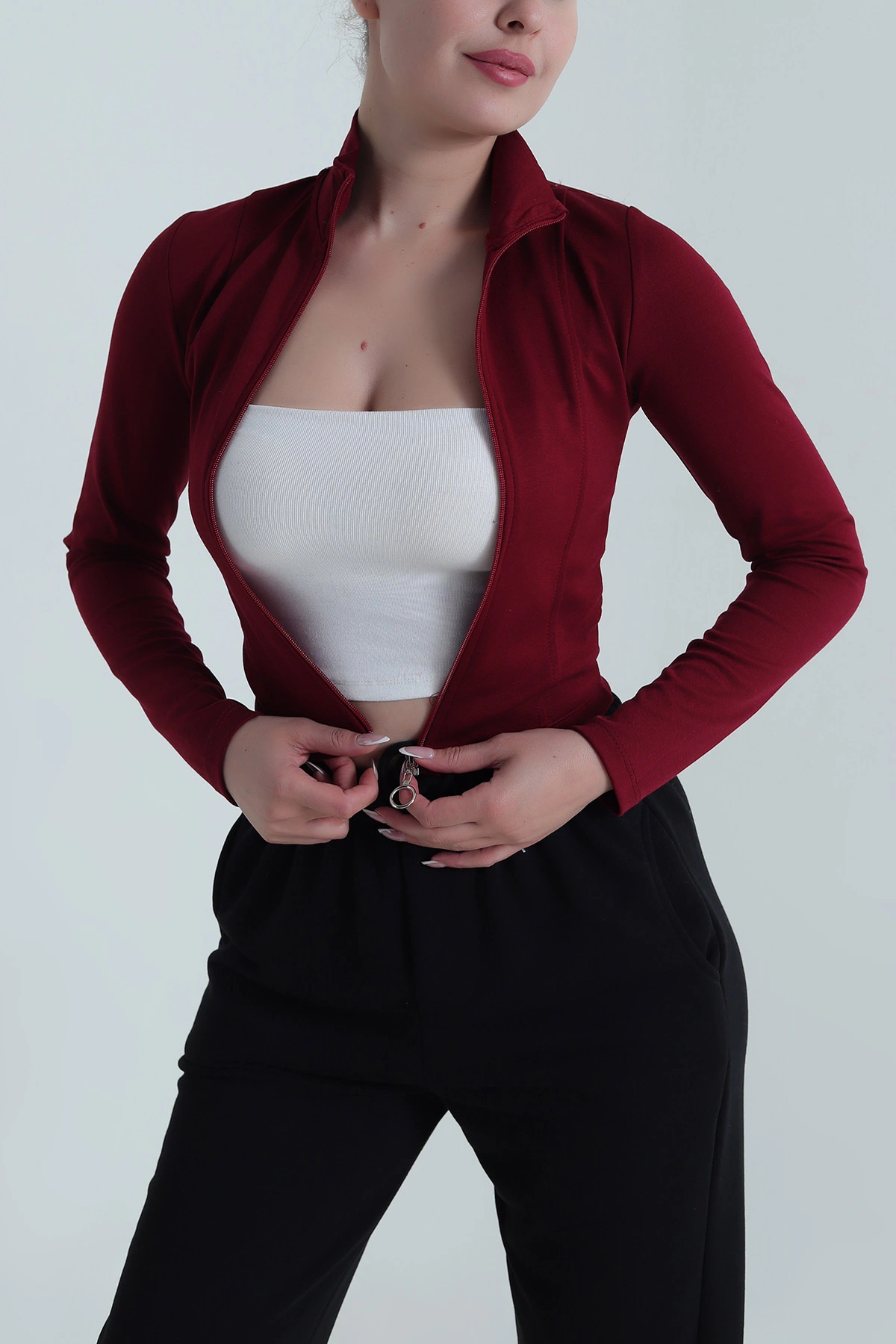 Bordo Fermuarlı Yeni Sezon Kadın Bluz 487740