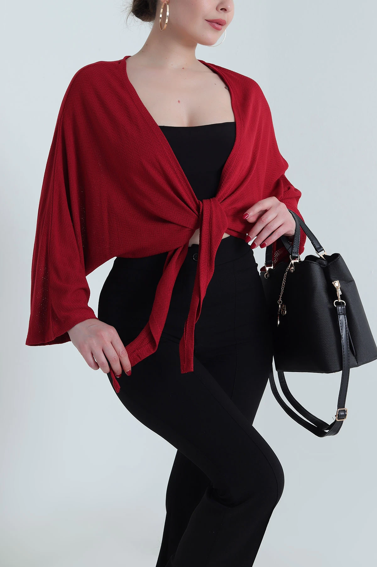 Bordo File Jakarlı Bağlamalı Kadın Bluz 468142