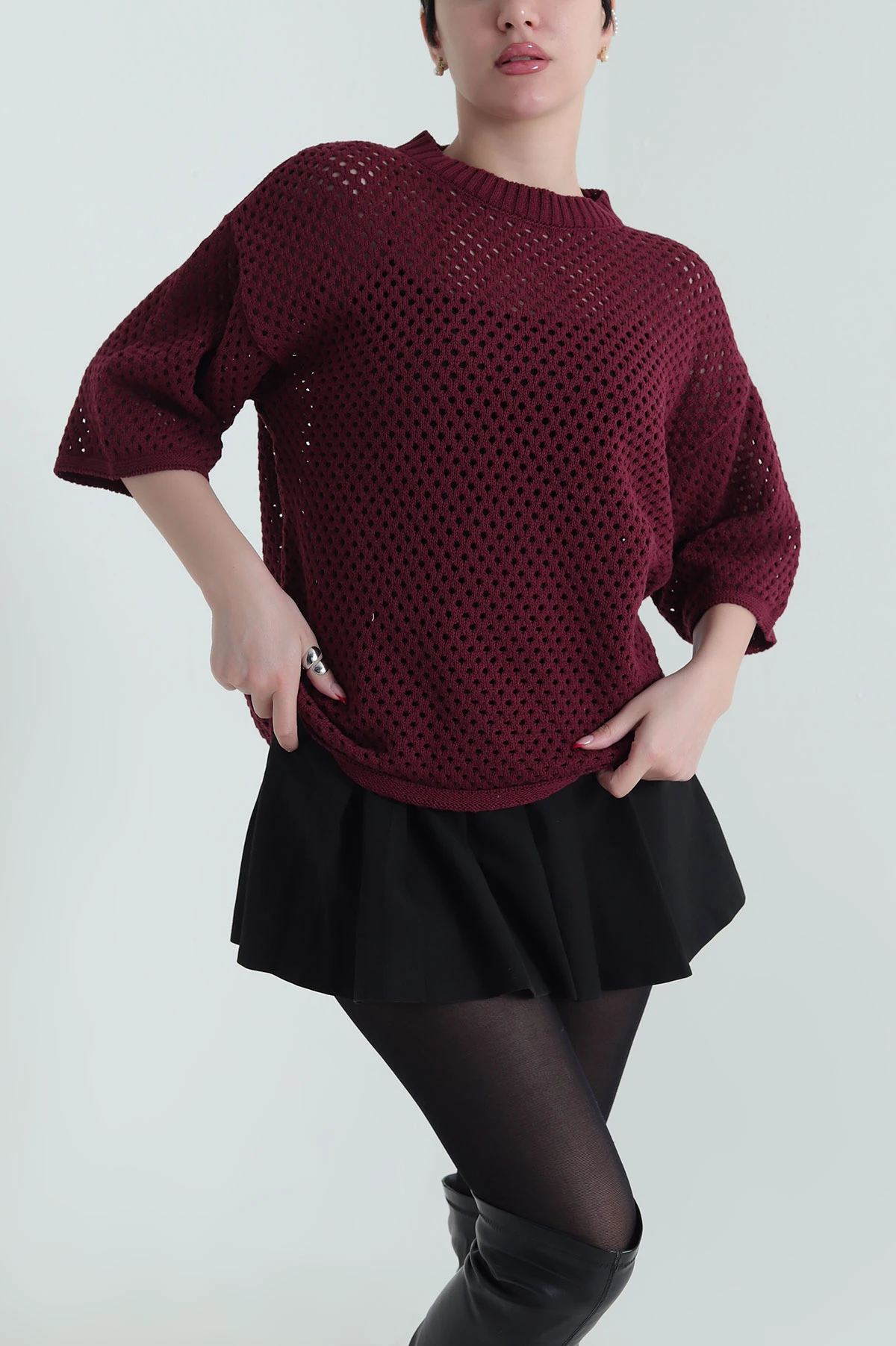 Bordo File Örgü Kadın Triko Bluz 434008