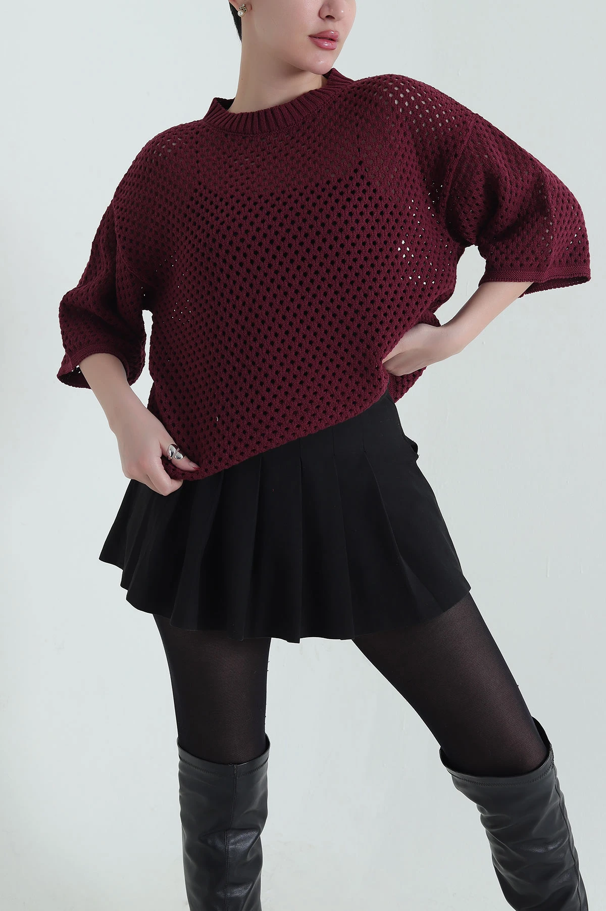 Bordo File Örgü Kadın Triko Bluz 434008