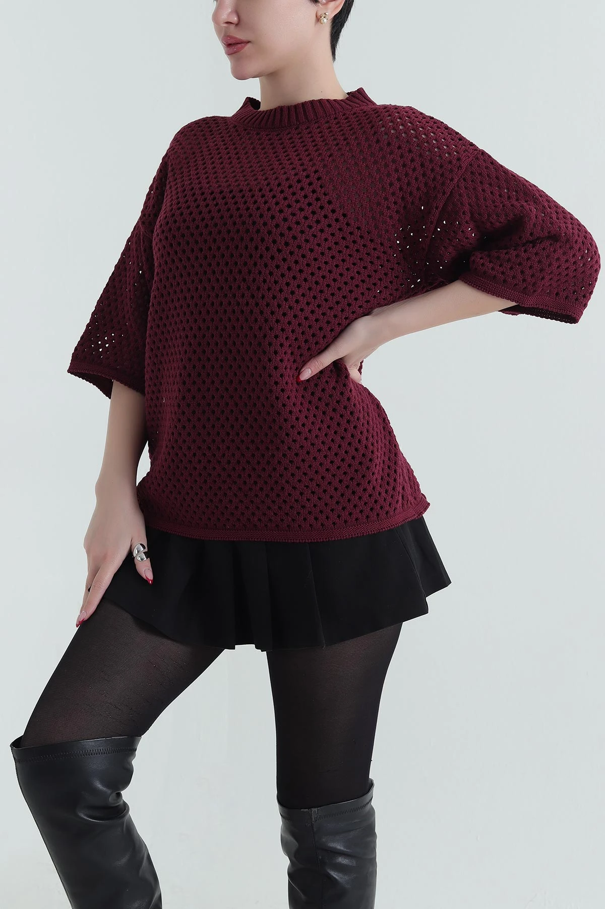Bordo File Örgü Kadın Triko Bluz 434008