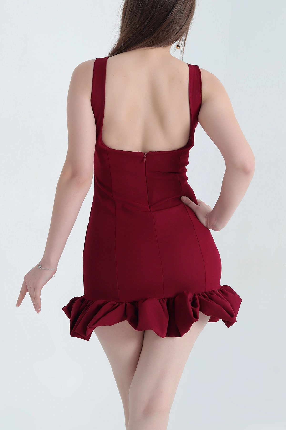 Bordo Fırfırlı Fermuarlı Sırt Detay Atlas Elbise 337848