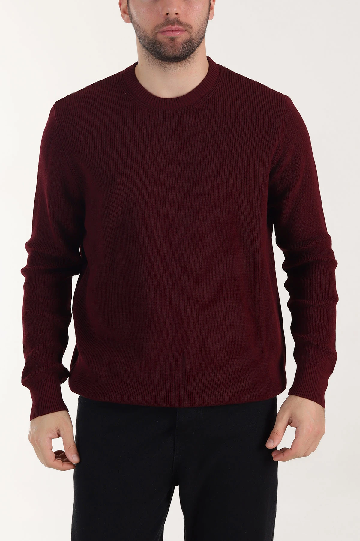Bordo Fitilli Bisiklet Yaka Erkek Triko Kazak 408688