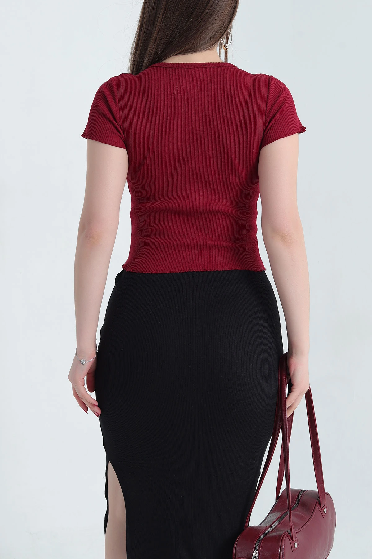 Bordo Fitilli Likralı Bisiklet Yaka Bady Bluz 338311