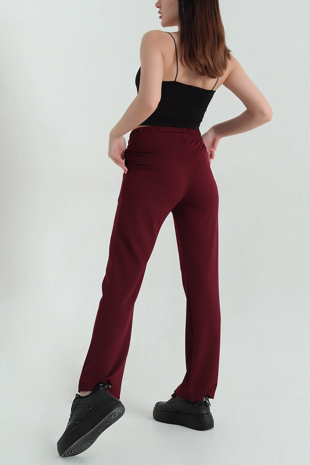 Bordo Fitilli Likralı Cepli Palazzo Kadın Pantolon 347909