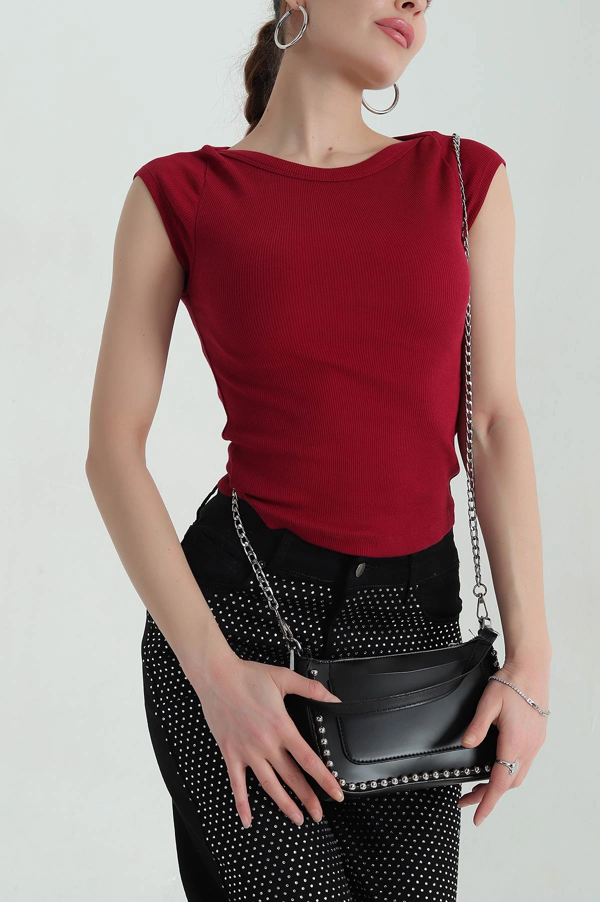 Bordo Fitilli Likralı Omuz Detay Kadın Bluz 350668