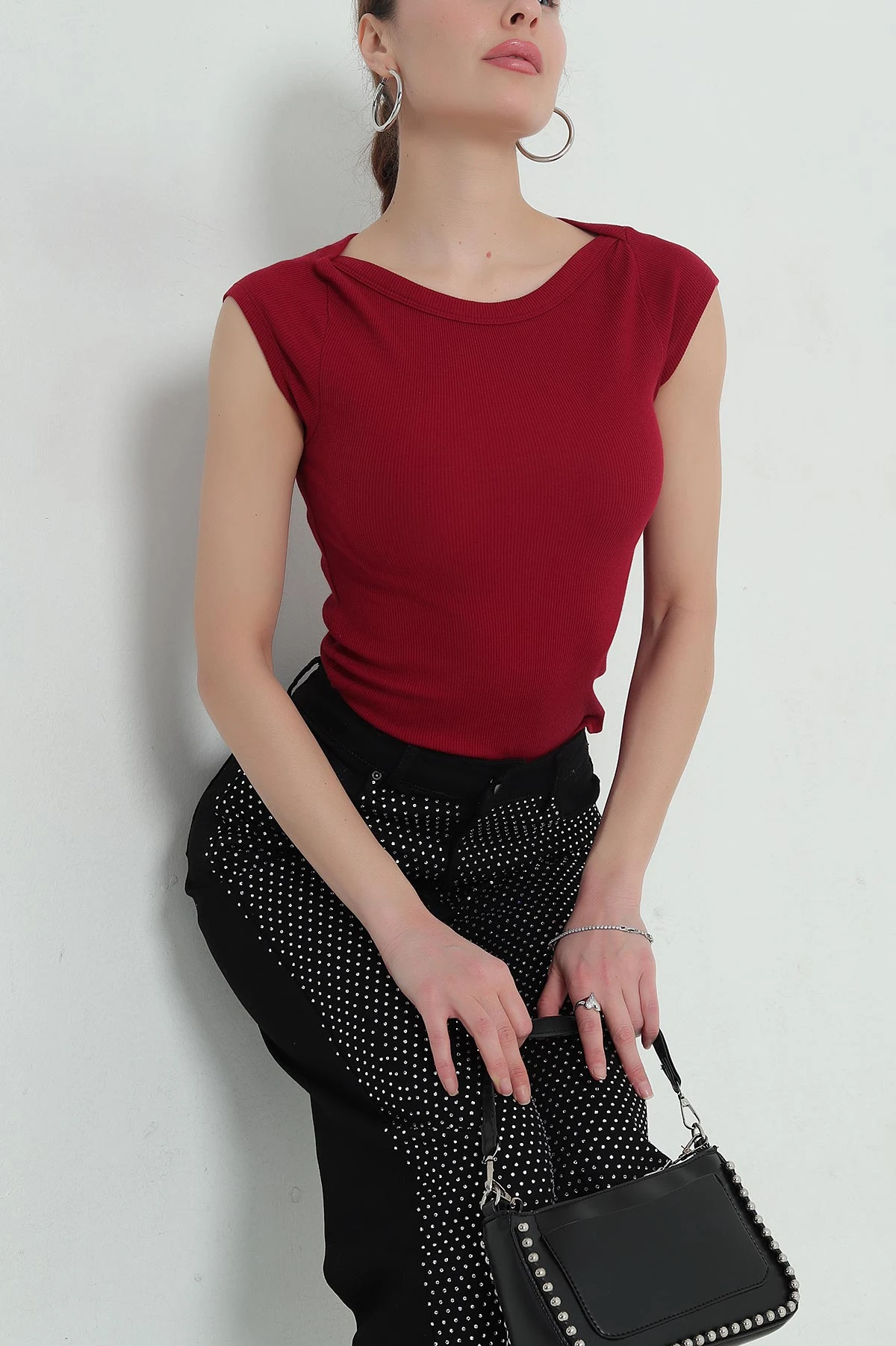 Bordo Fitilli Likralı Omuz Detay Kadın Bluz 350668