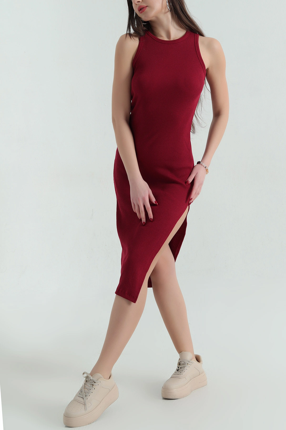 Bordo Fitilli Likralı  Yırtmaçlı Kolsuz Kadın Elbise 336792