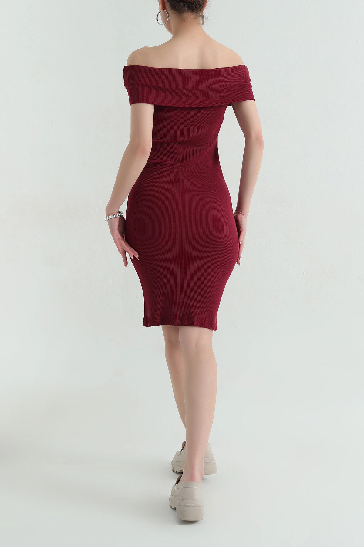 Bordo Fitilli Madonna Yaka Likralı Kadın Elbise 357807