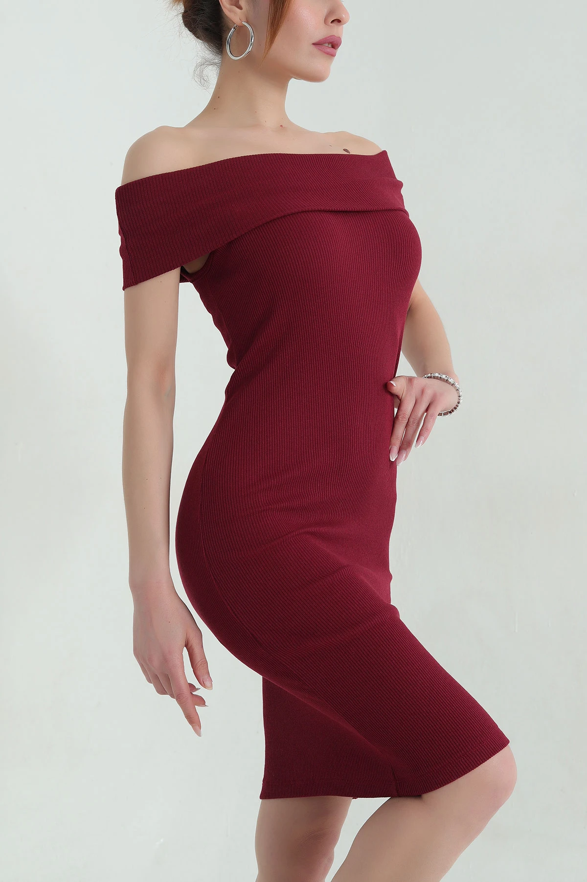 Bordo Fitilli Madonna Yaka Likralı Kadın Elbise 357807