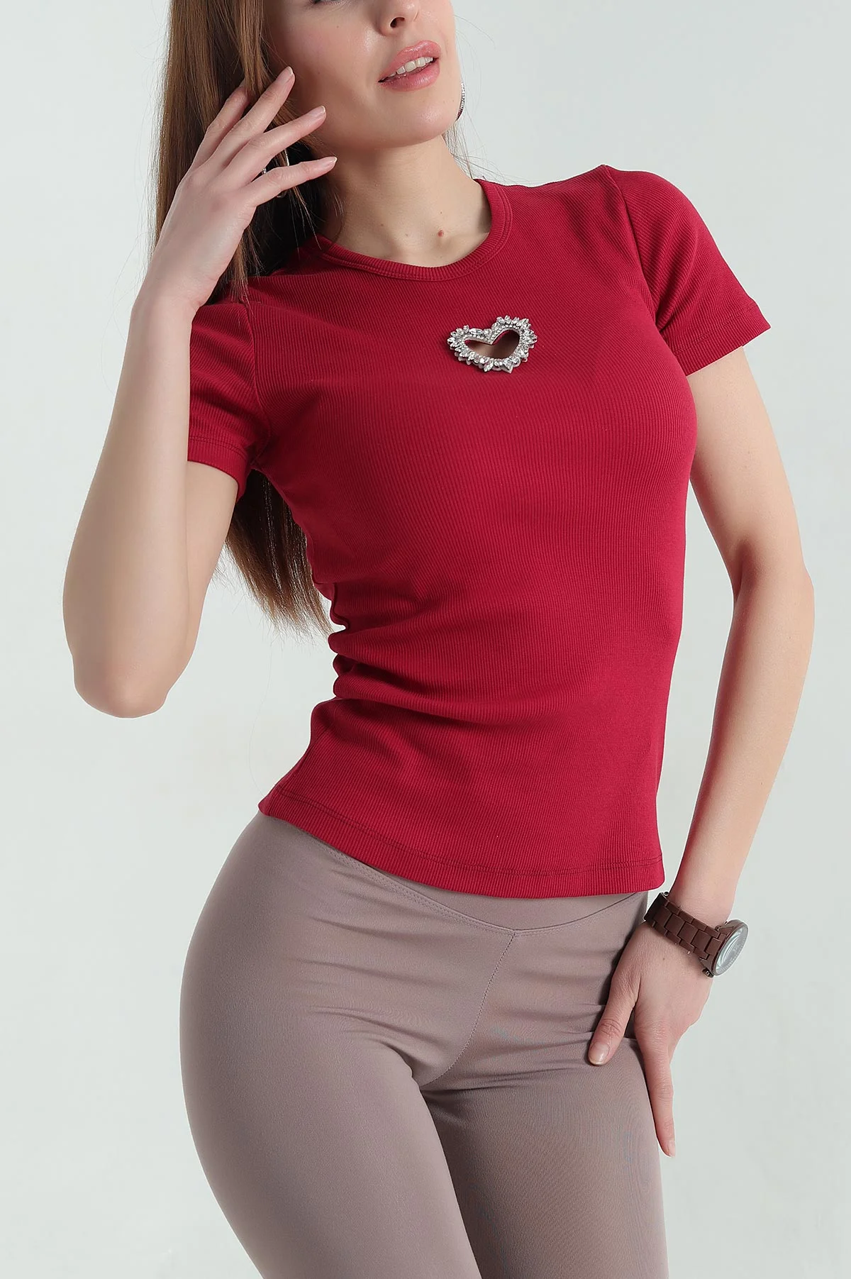 Bordo Fitilli Taşlı Tasarım Bisiklet Yaka Kadın Tişört 353020