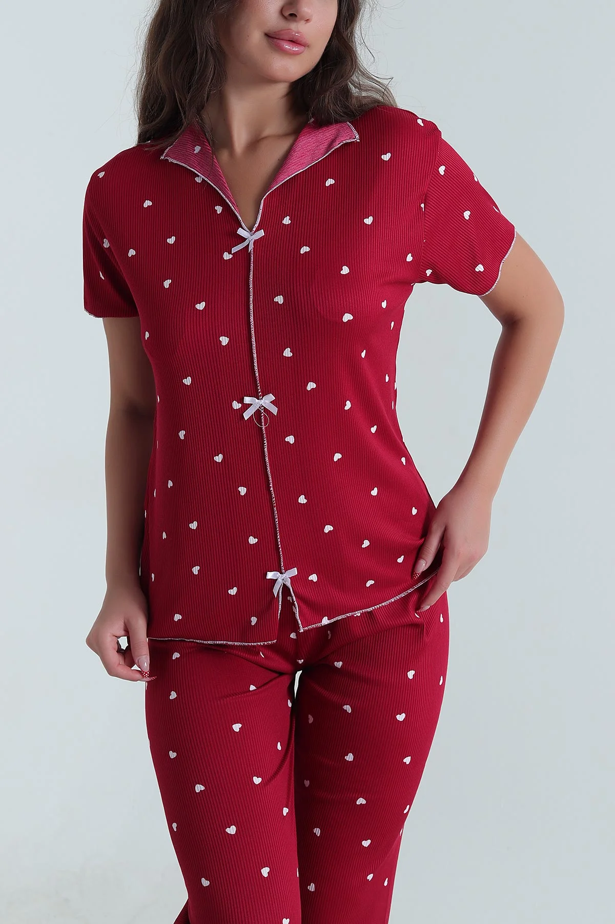 Bordo Fiyonklu Kaşkorse Kadın Pijama Takımı 476185