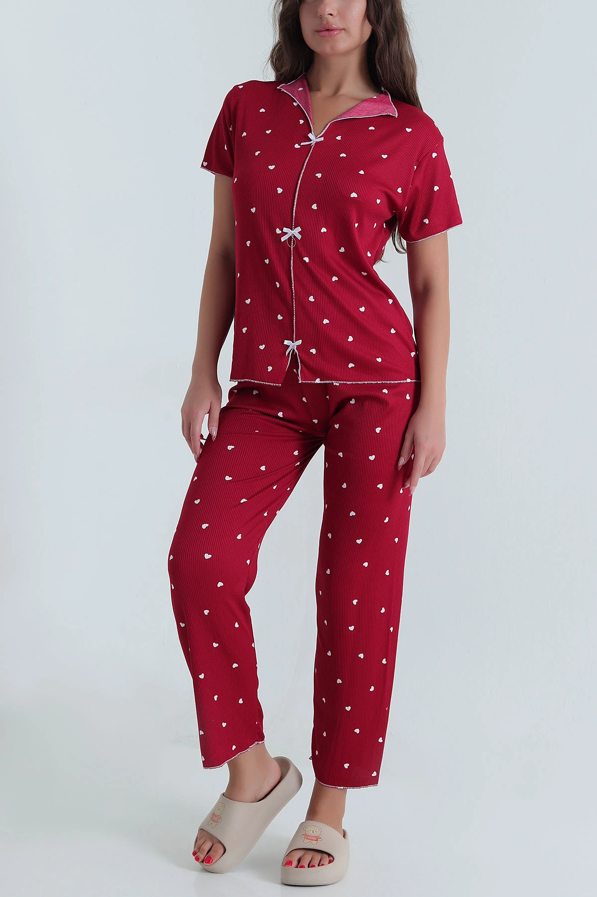 Bordo Fiyonklu Kaşkorse Kadın Pijama Takımı 476185