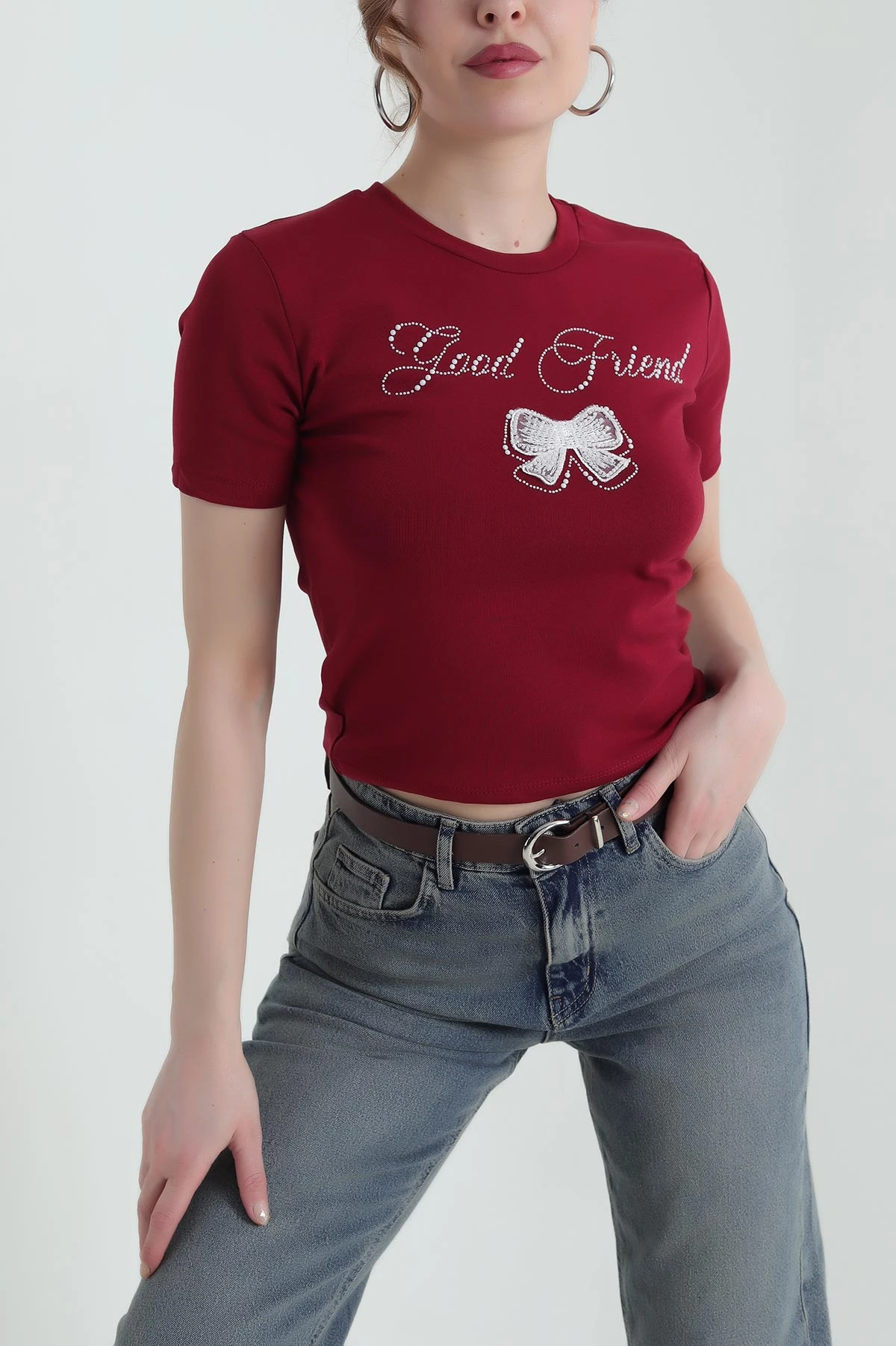 Bordo Fiyonklu Ribana Kadın Tişört 435306