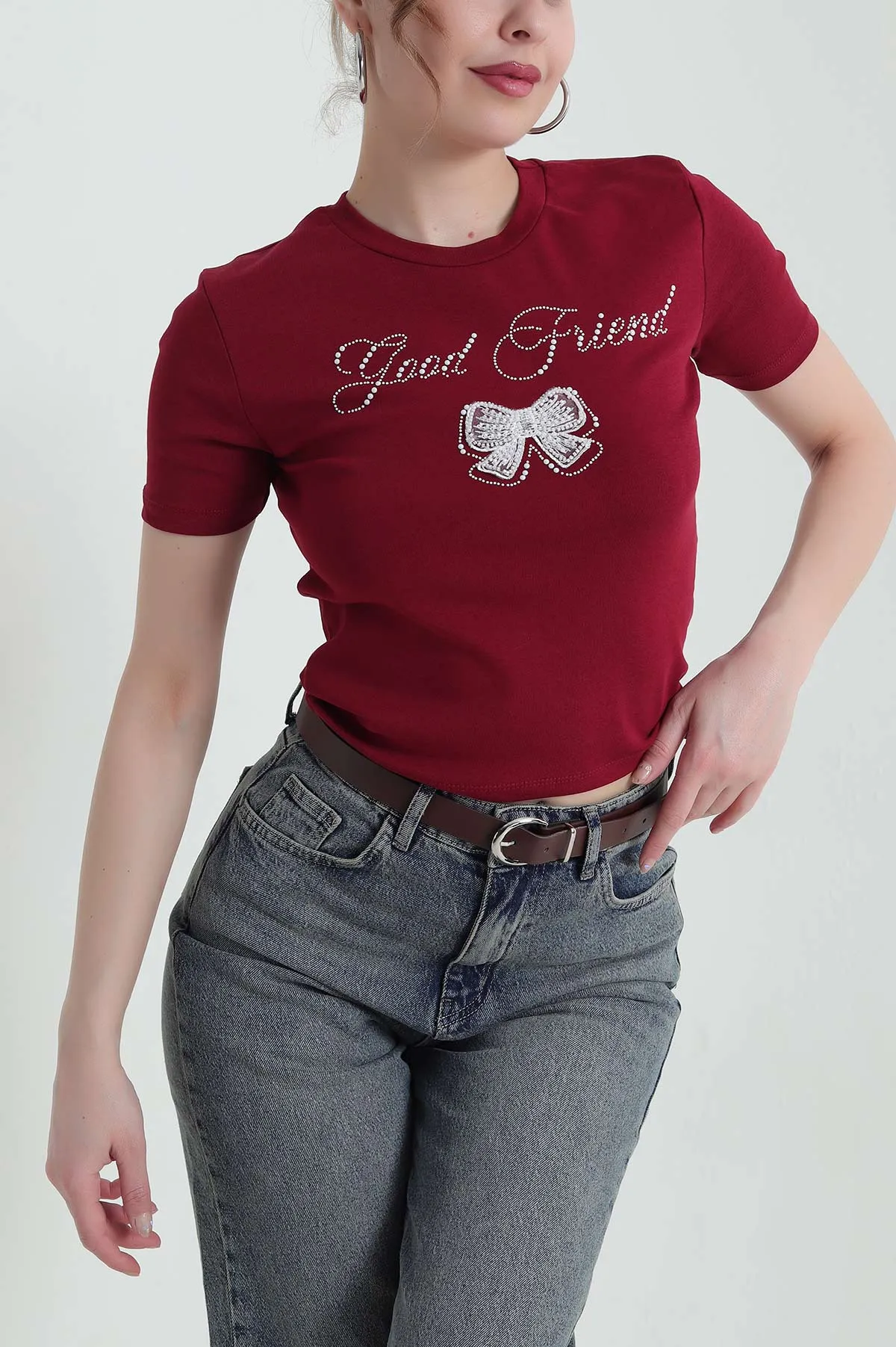 Bordo Fiyonklu Ribana Kadın Tişört 435306