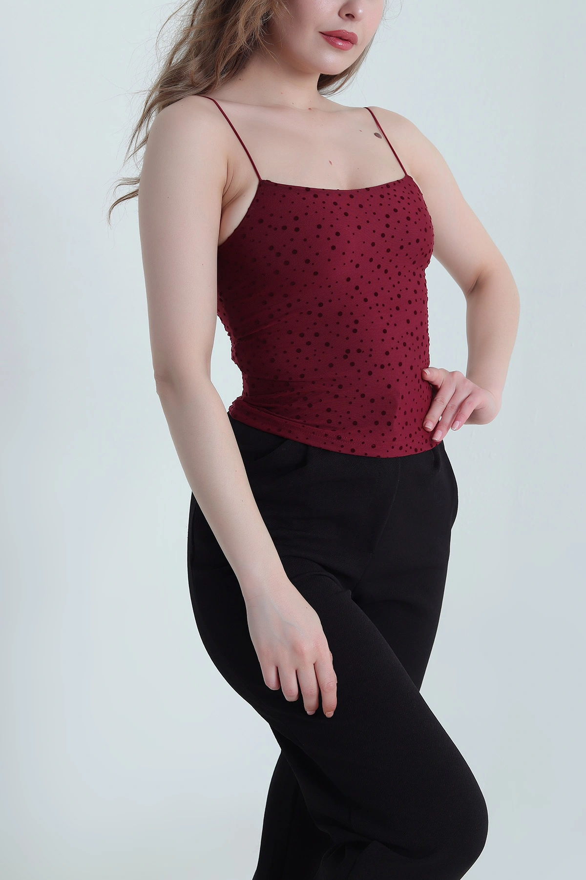 Bordo Flok Baskılı Kadın Tül Bluz 459281