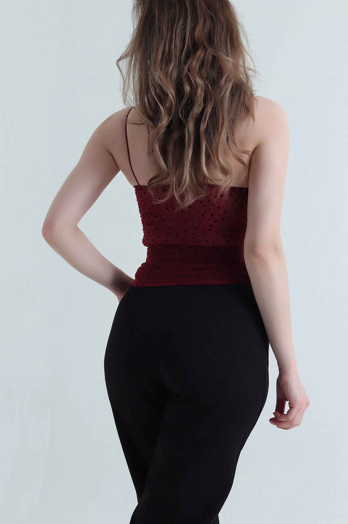 Bordo Flok Baskılı Kadın Tül Bluz 459281
