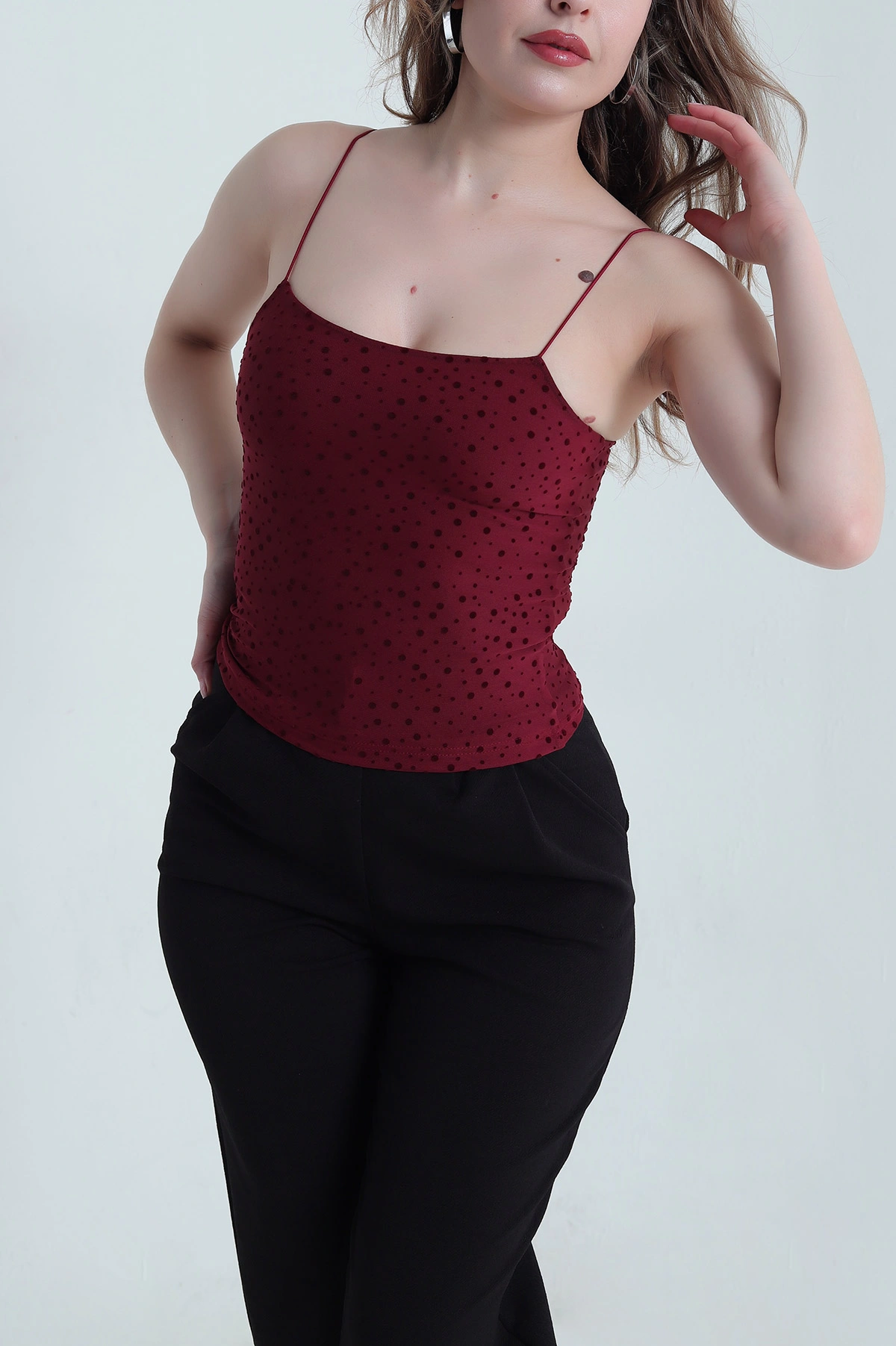 Bordo Flok Baskılı Kadın Tül Bluz 459281