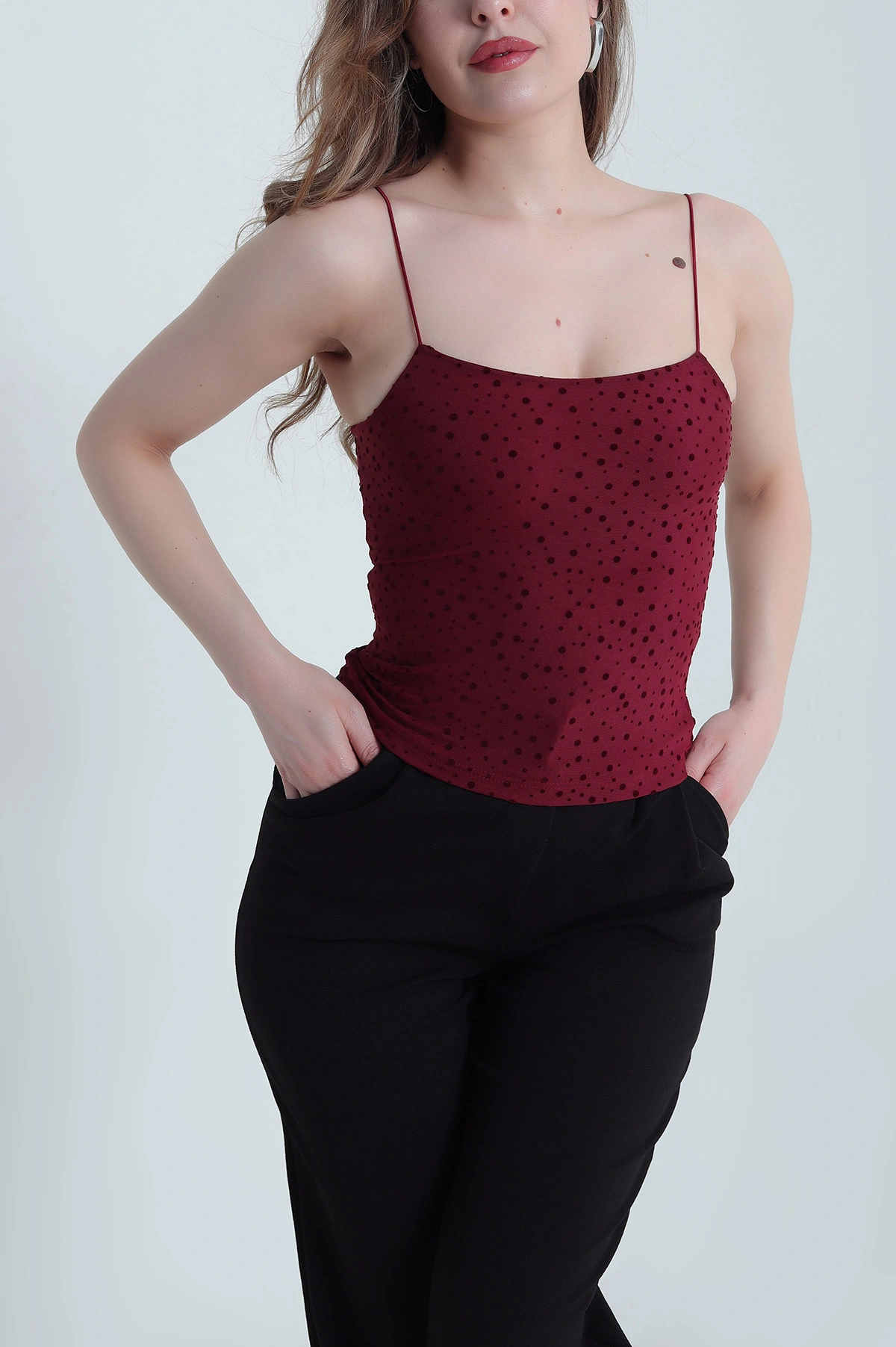 Bordo Flok Baskılı Kadın Tül Bluz 459281