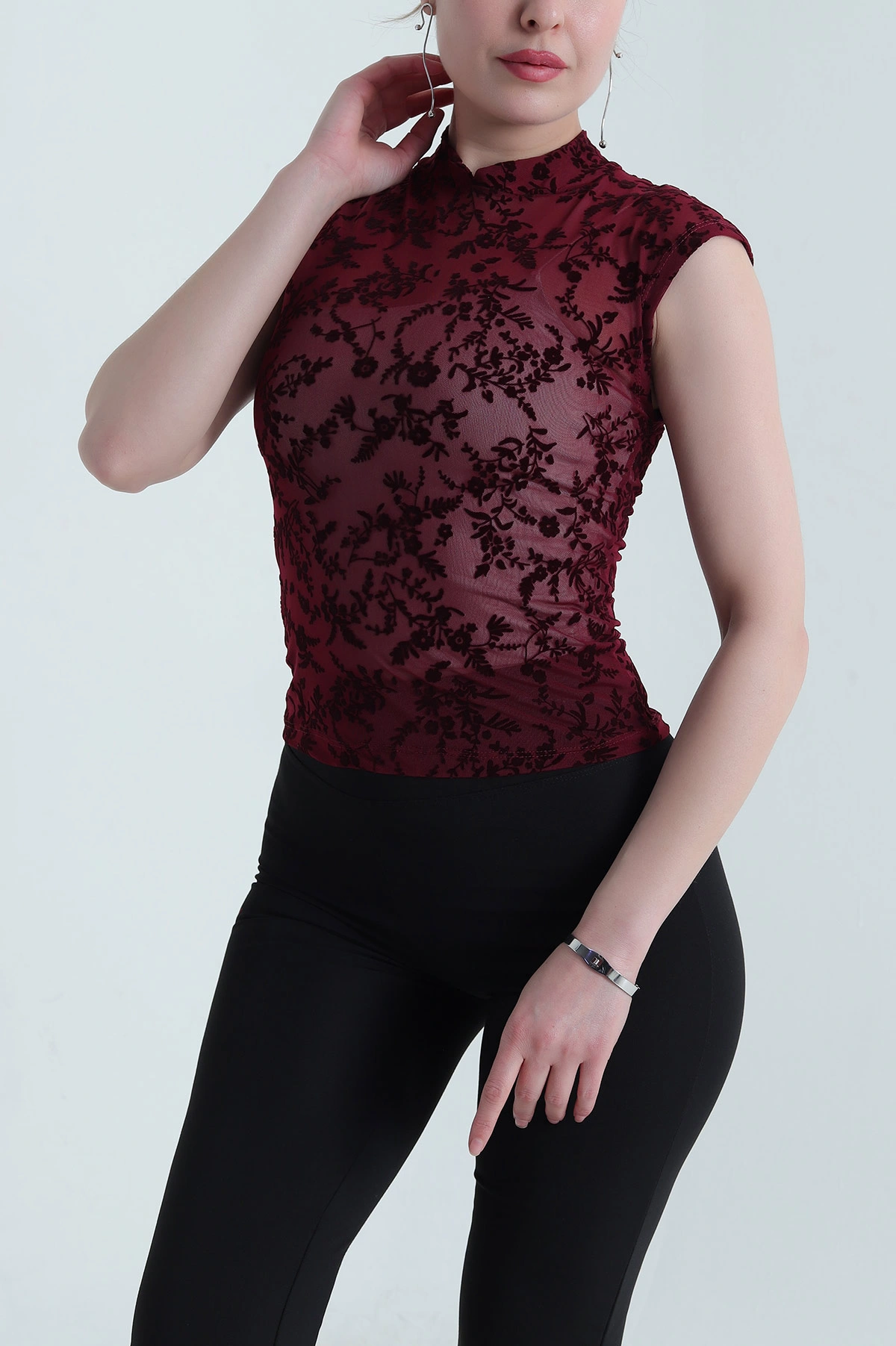 Bordo Flok Baskılı Tül Kadın Bluz 454031
