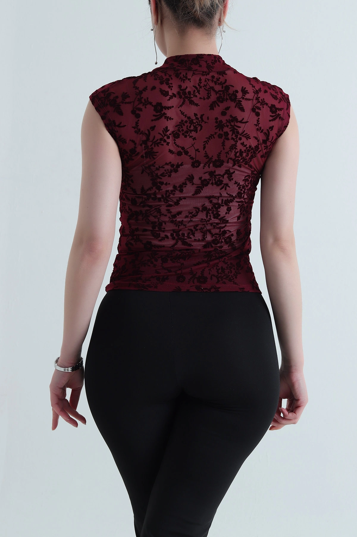 Bordo Flok Baskılı Tül Kadın Bluz 454031