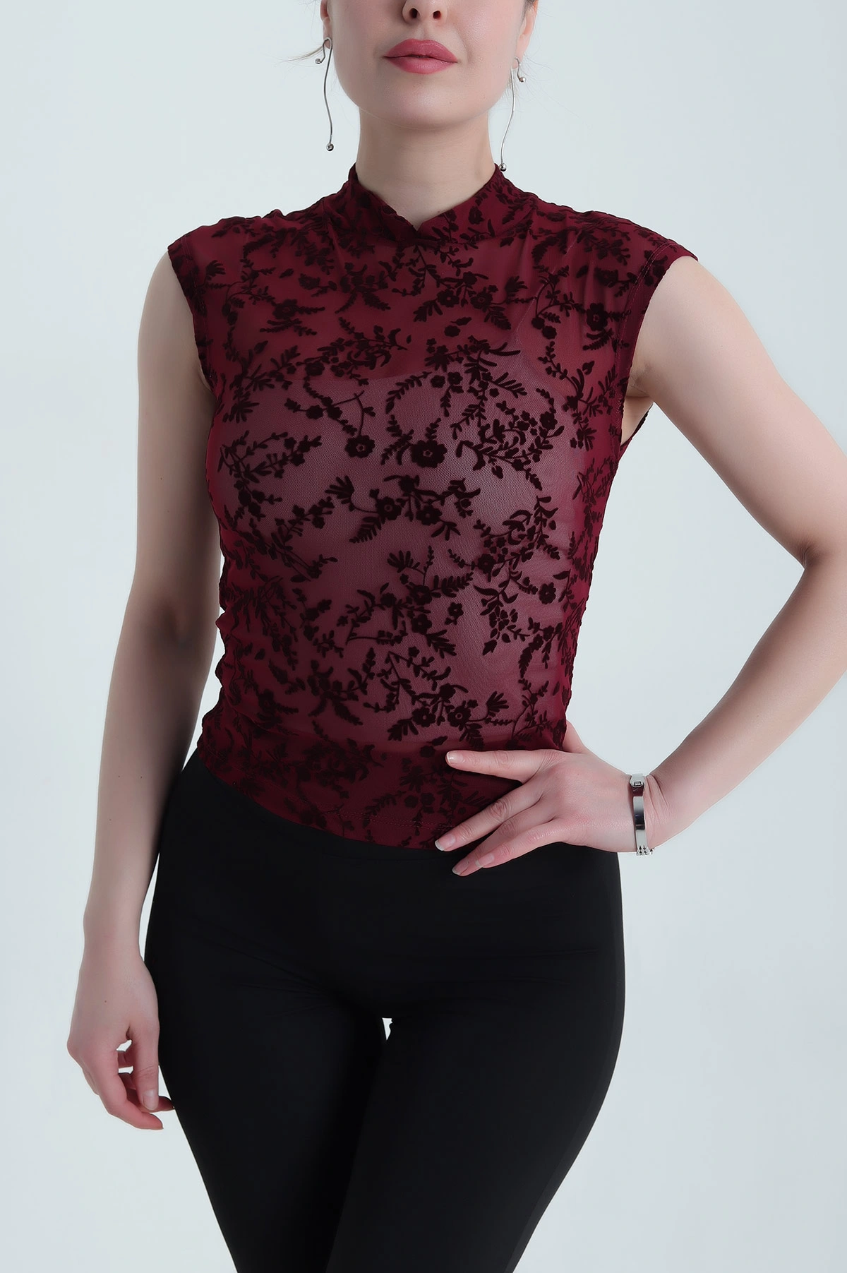 Bordo Flok Baskılı Tül Kadın Bluz 454031