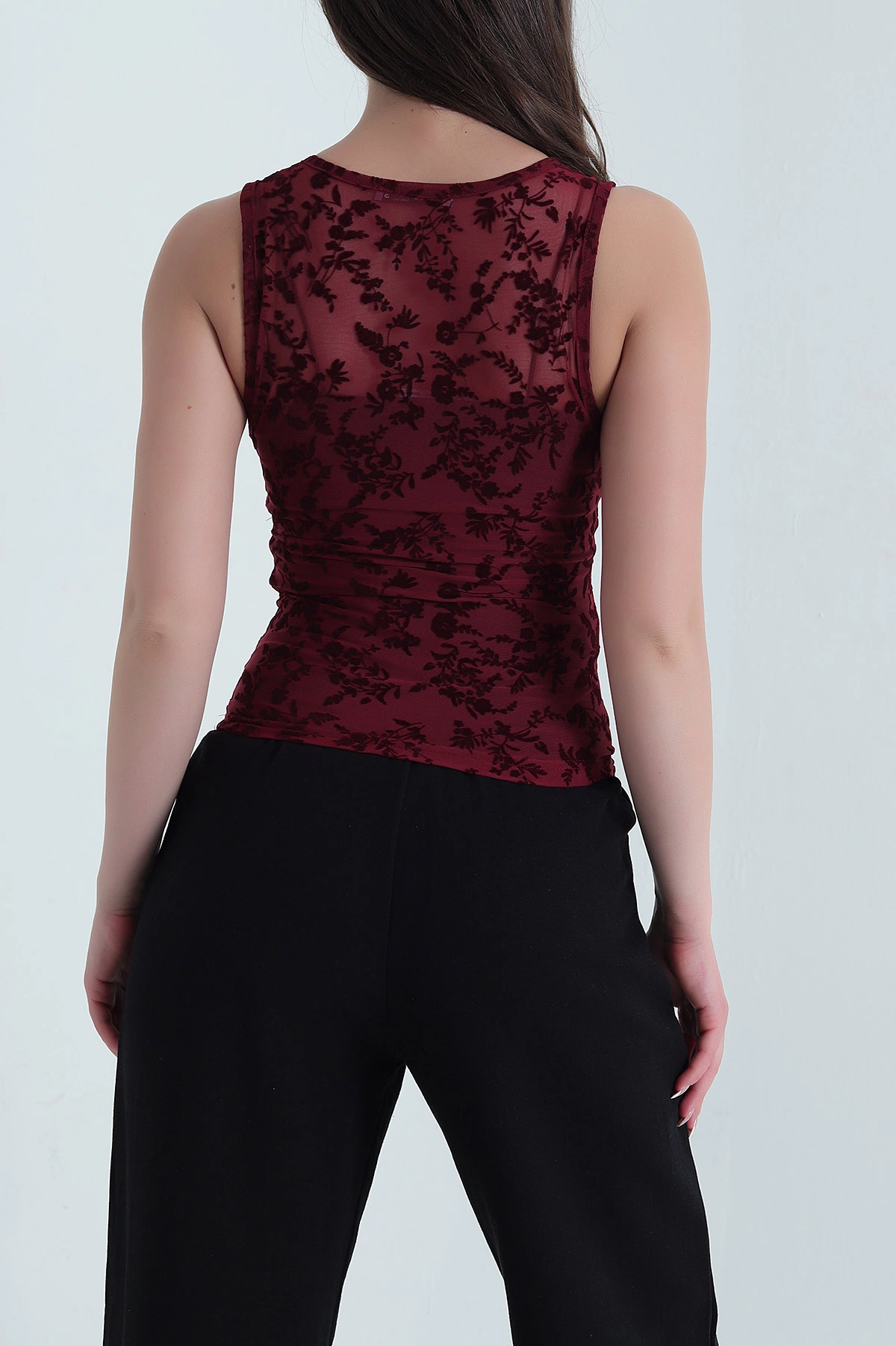 Bordo Flok Baskılı Tül Kadın Bluz 455389