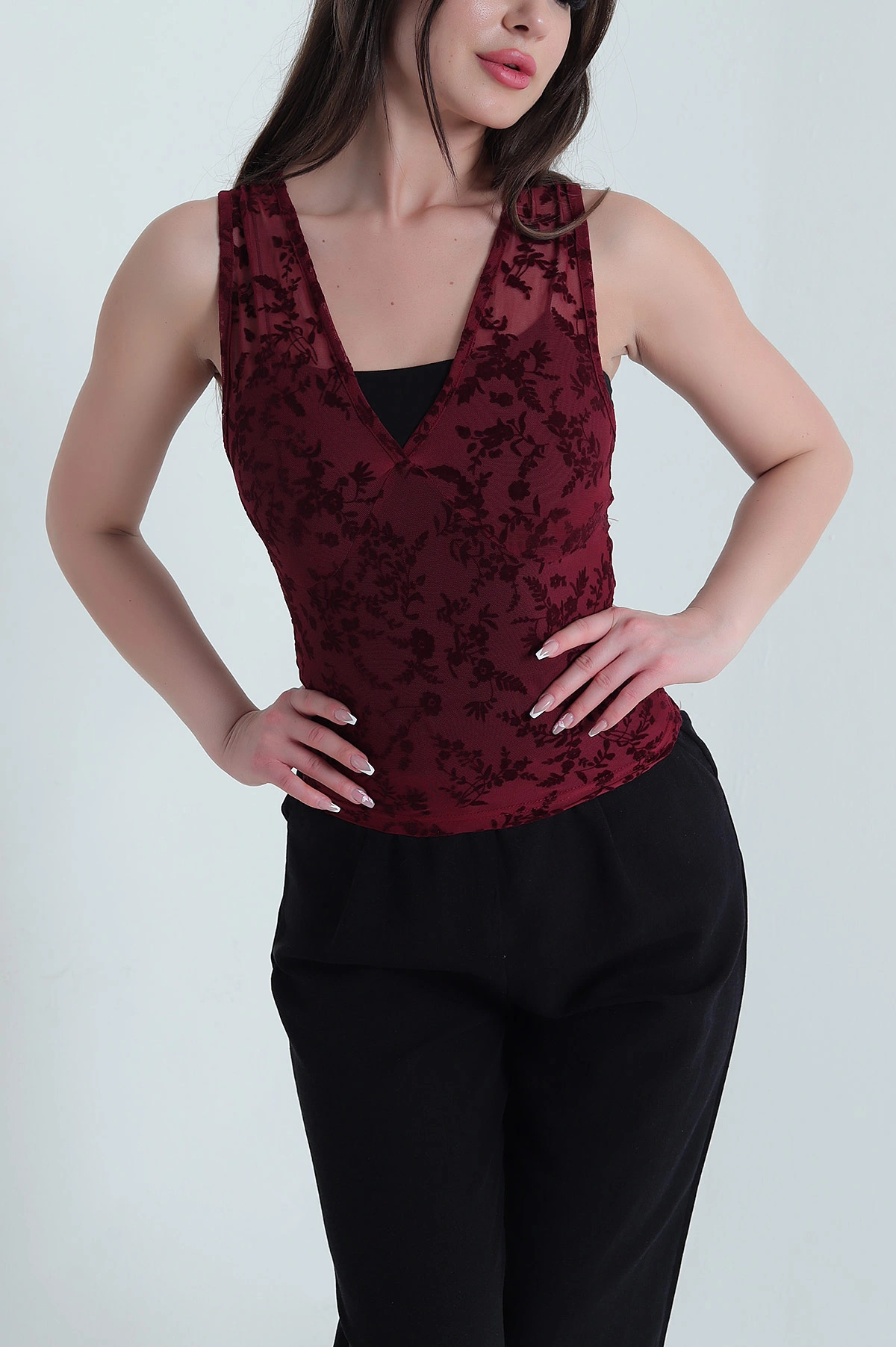 Bordo Flok Baskılı Tül Kadın Bluz 455389