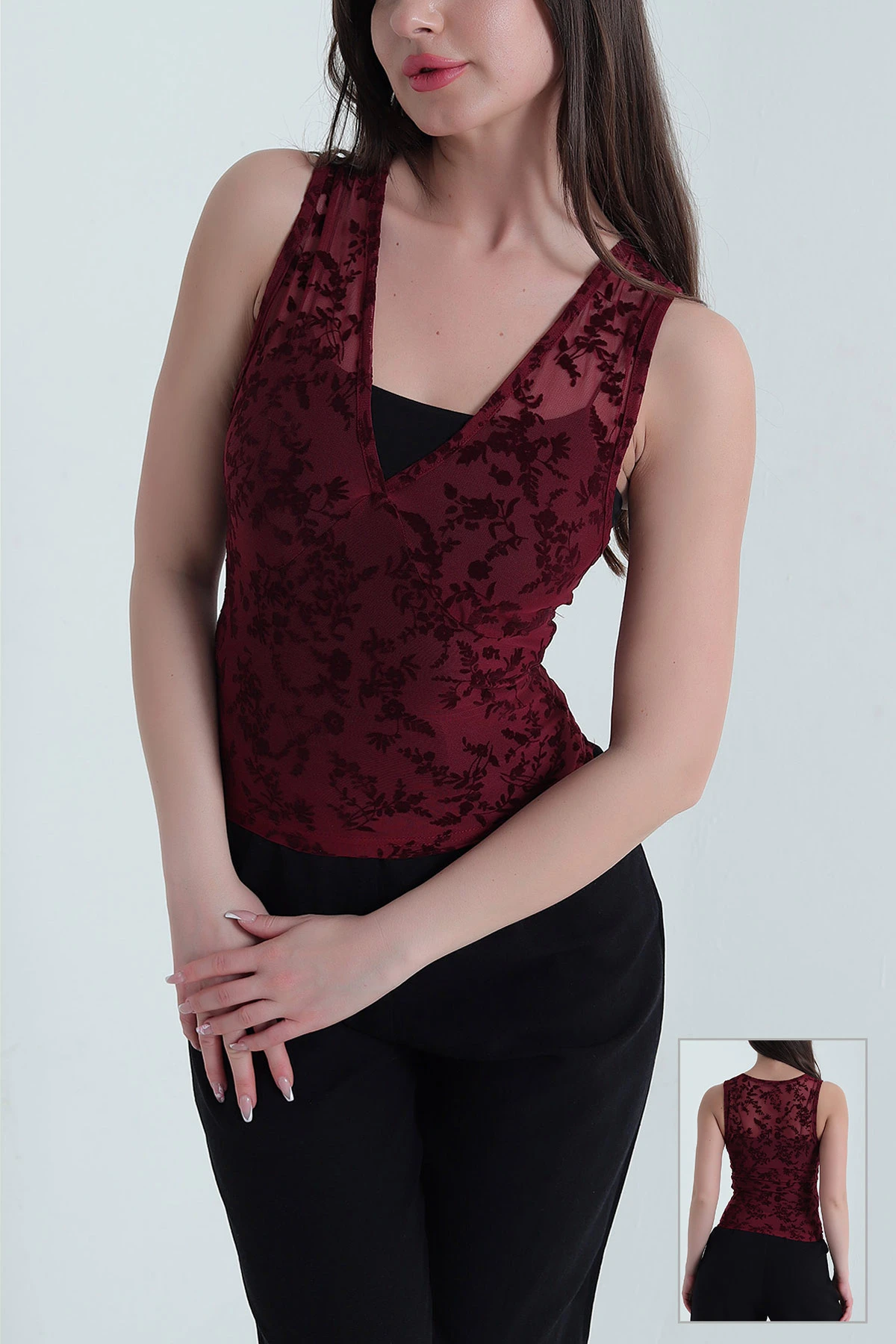 Bordo Flok Baskılı Tül Kadın Bluz 455389