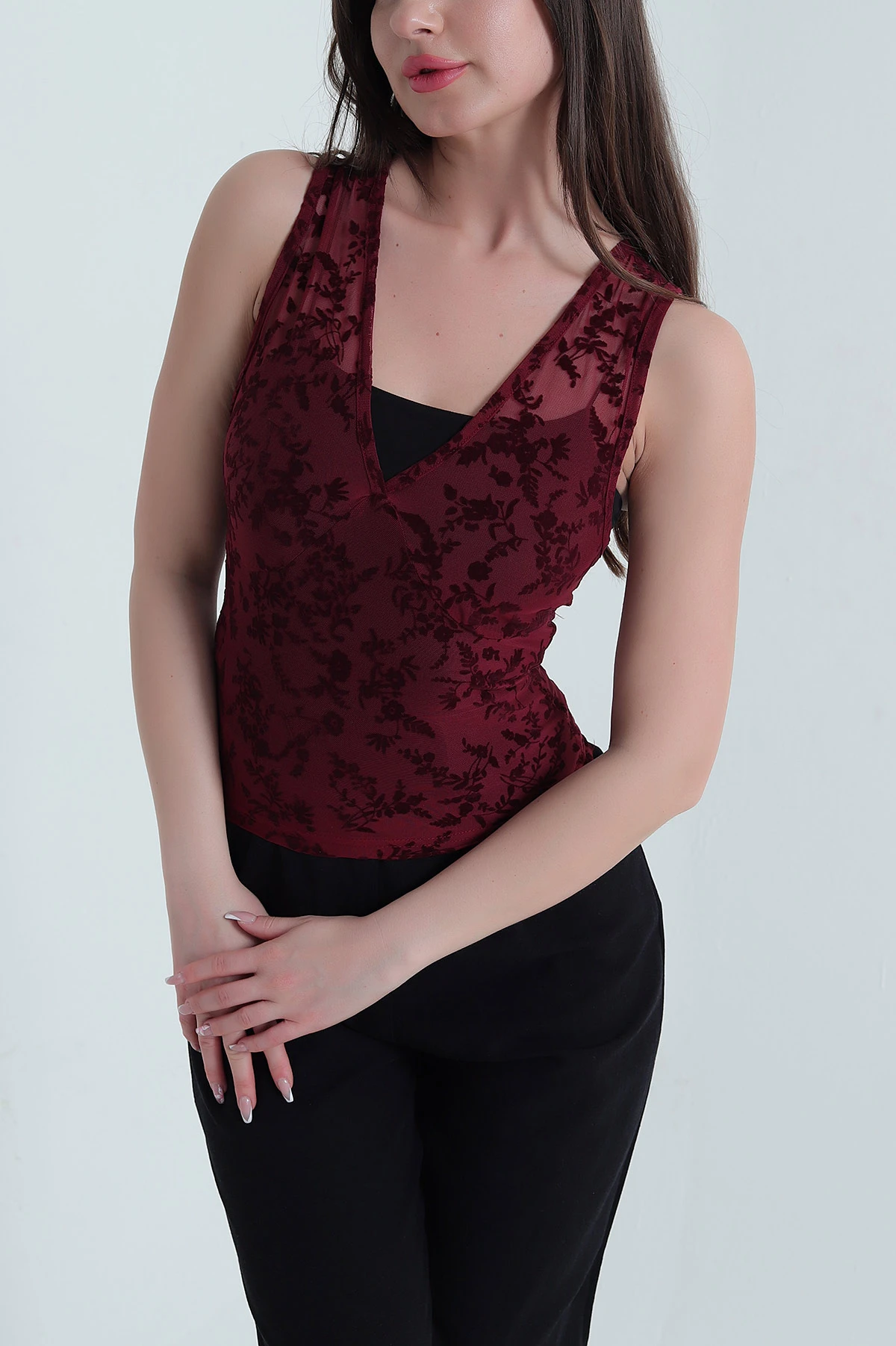 Bordo Flok Baskılı Tül Kadın Bluz 455389