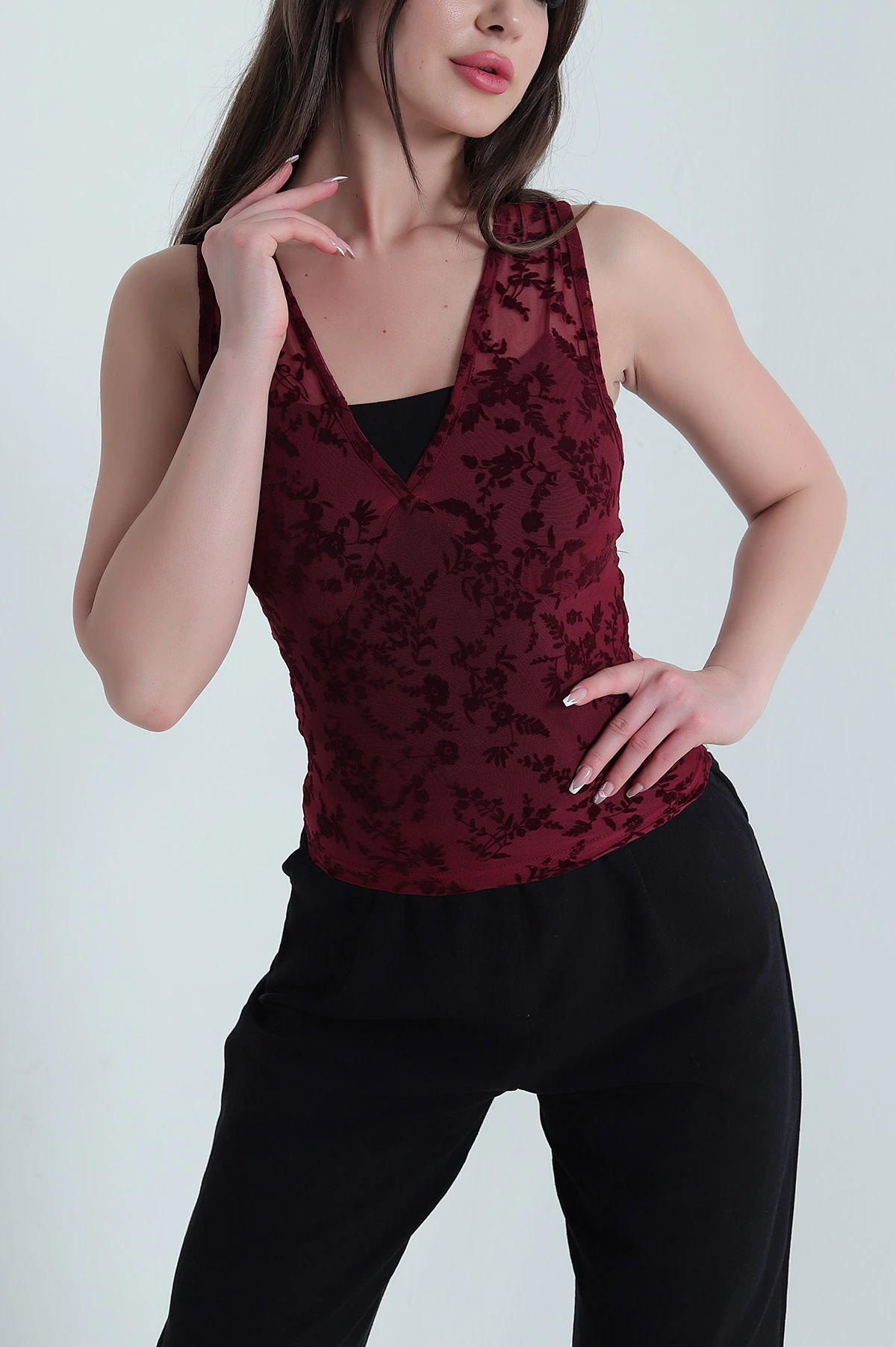 Bordo Flok Baskılı Tül Kadın Bluz 455389