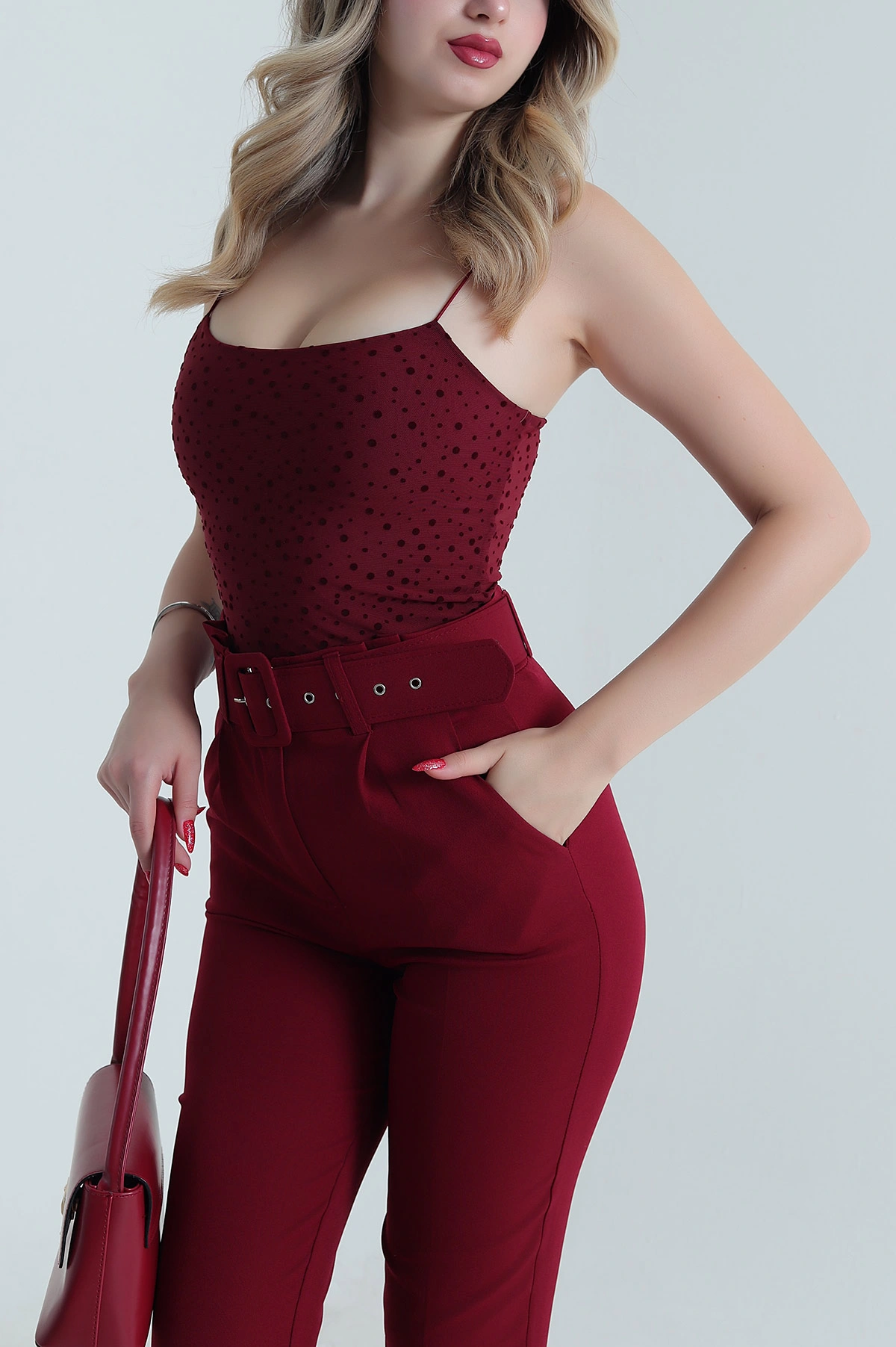 Bordo Flok Baskılı Tül Kadın Bluz 481431