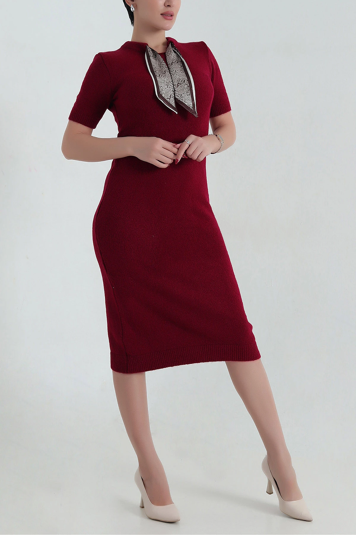 Bordo Fular Detay Kadın Triko Elbise 417829