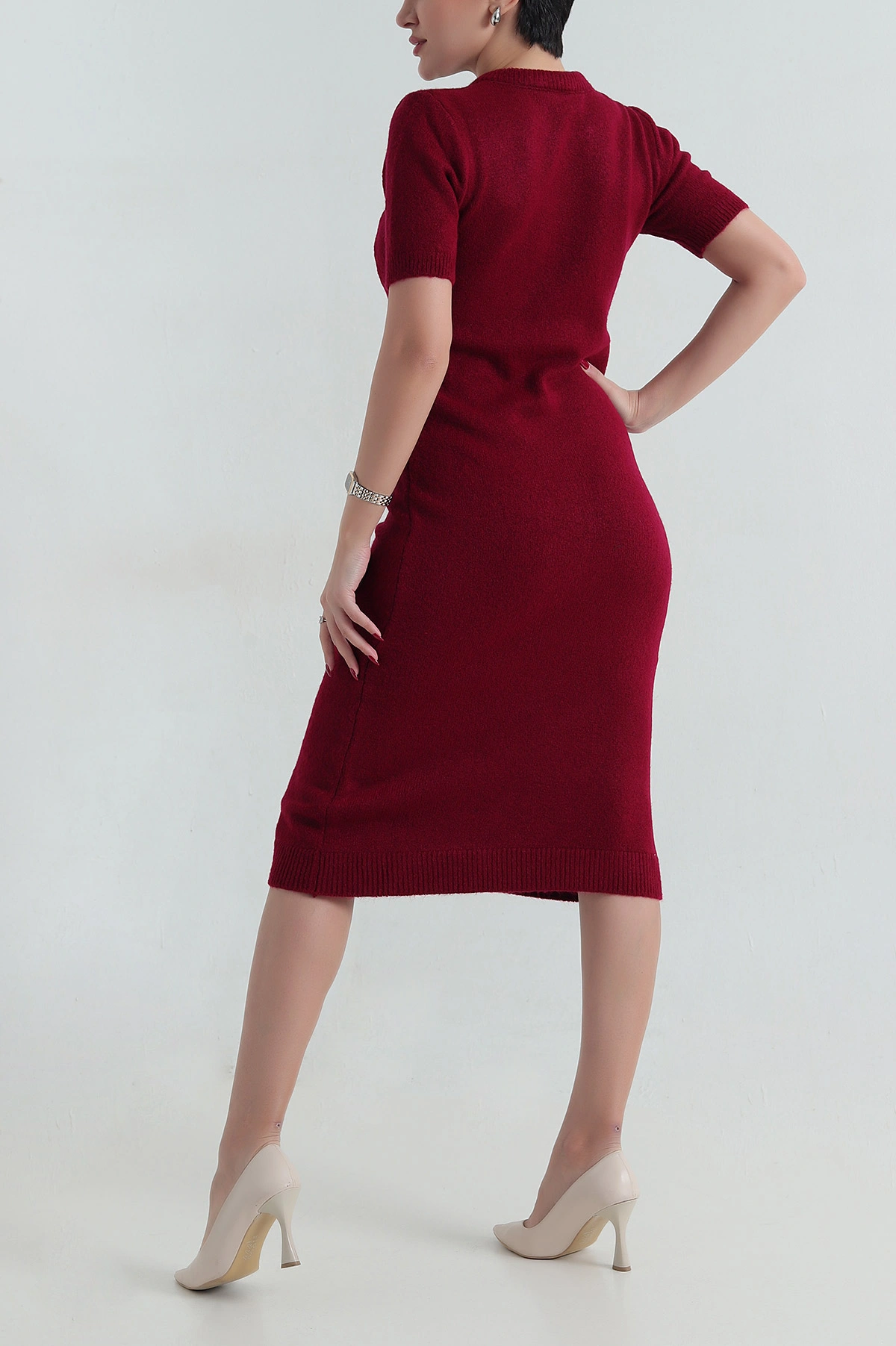 Bordo Fular Detay Kadın Triko Elbise 417829