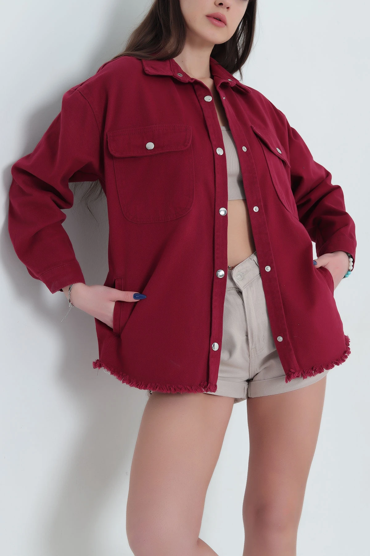 Bordo Gabardin Kumaş Püsküllü Gömlek Ceket 340242