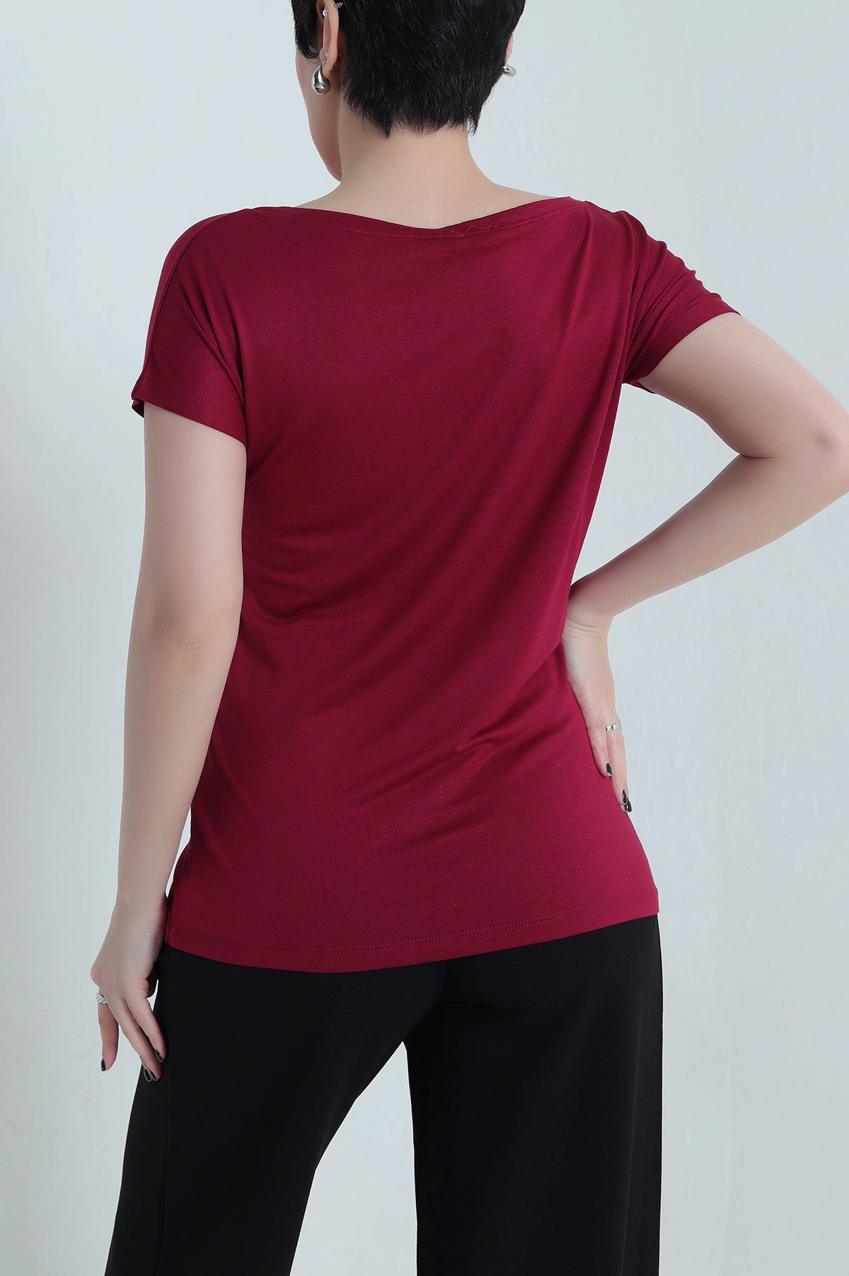 Bordo Geniş Yaka Kadın Tişört 455060