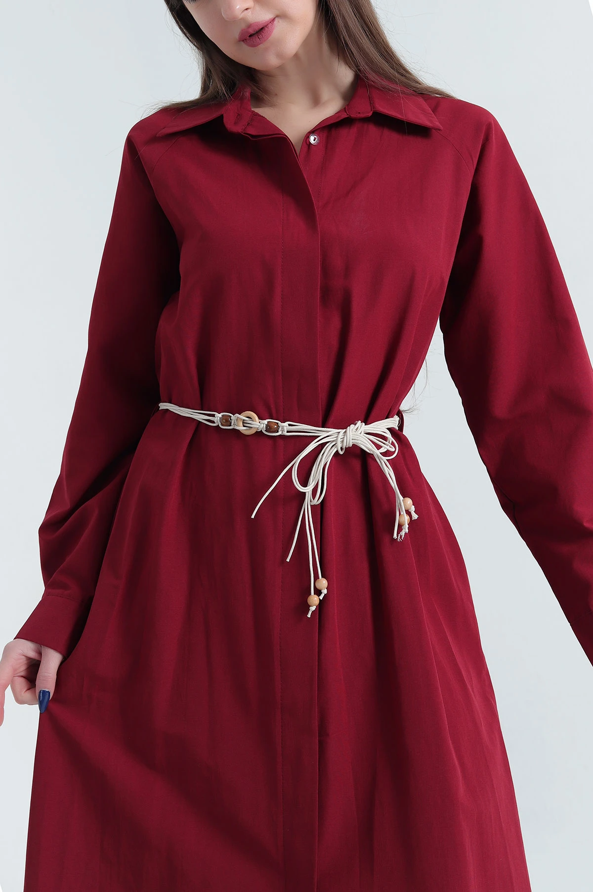 Bordo Gizli Pat Kemerli Poplin Elbise 340434