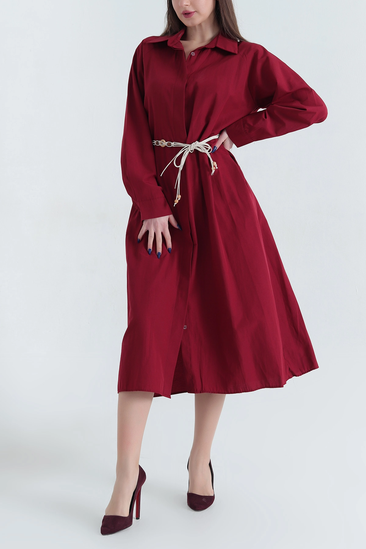 Bordo Gizli Pat Kemerli Poplin Elbise 340434