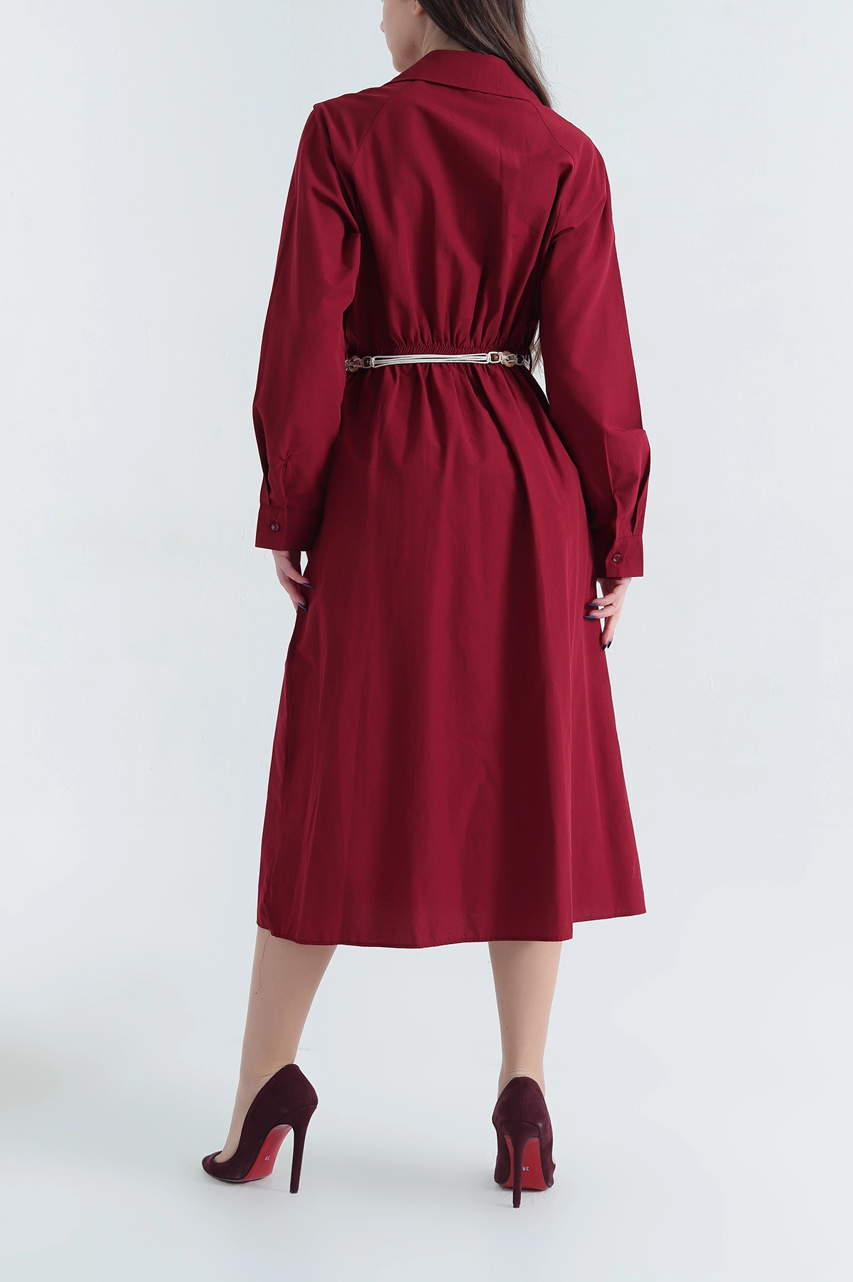 Bordo Gizli Pat Kemerli Poplin Elbise 340434