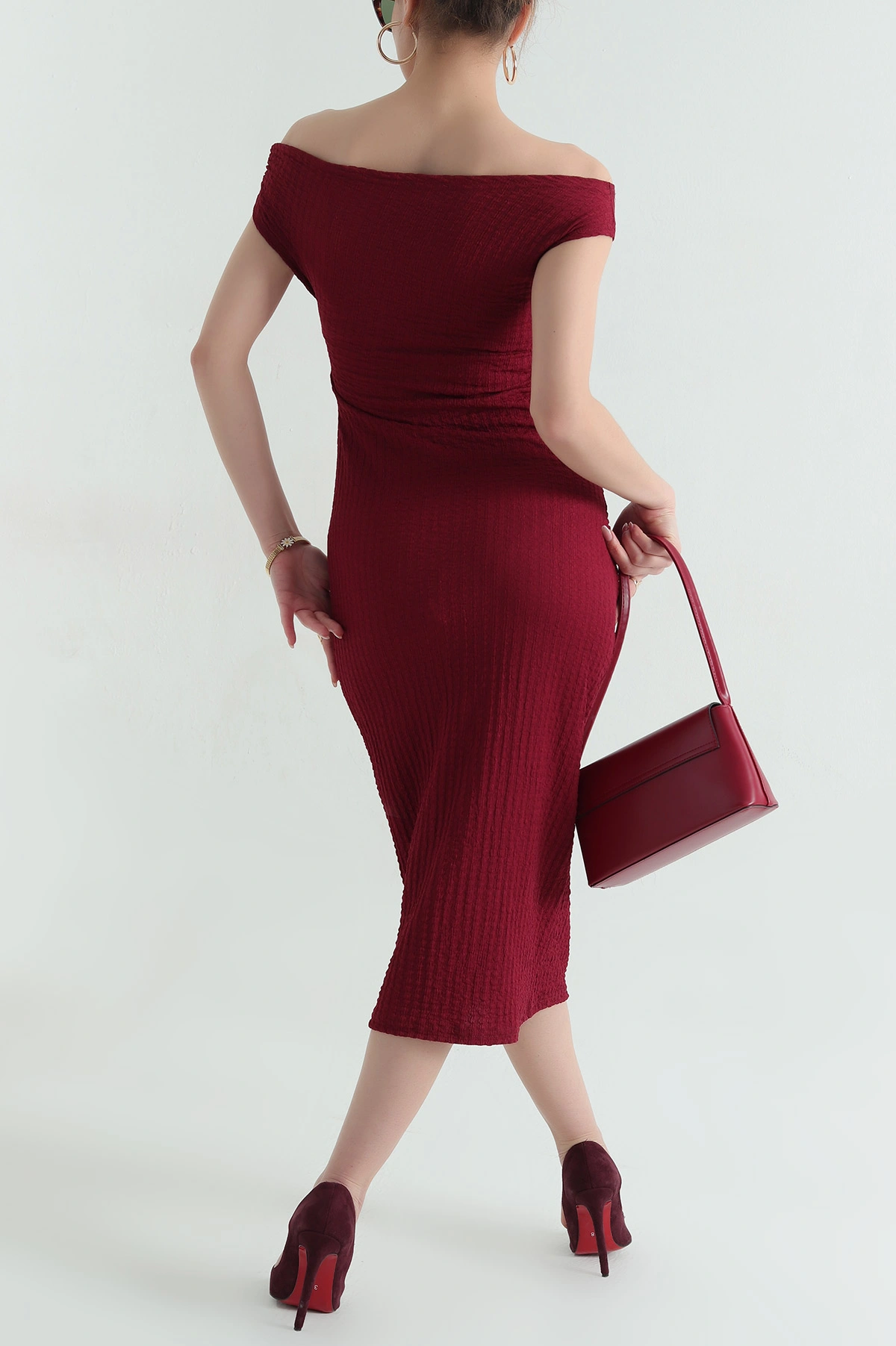 Bordo Gofre Kumaş Likralı Kadın Elbise 354303