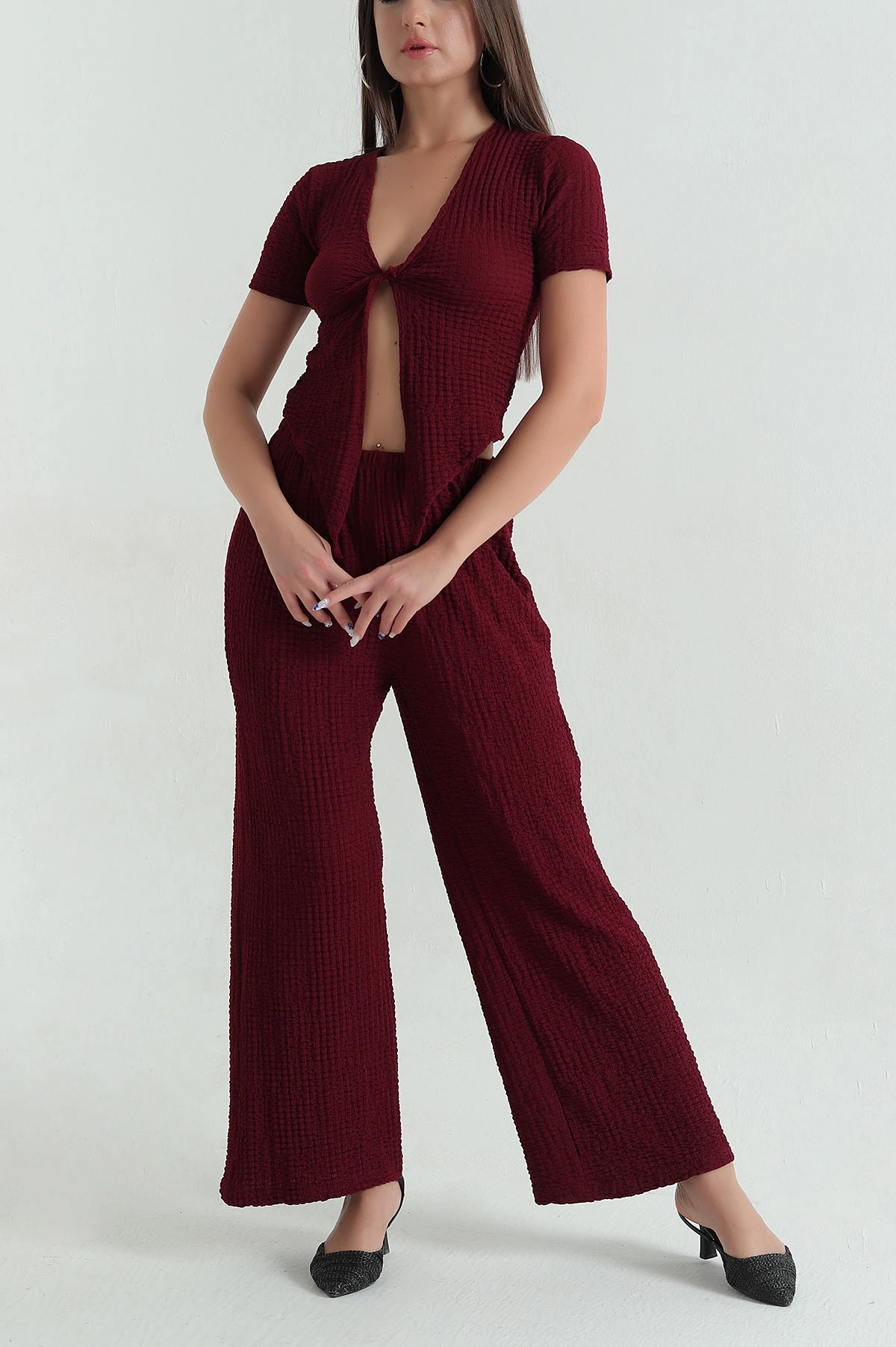 Bordo Gofre Likralı Kadın İkili Takım 369555