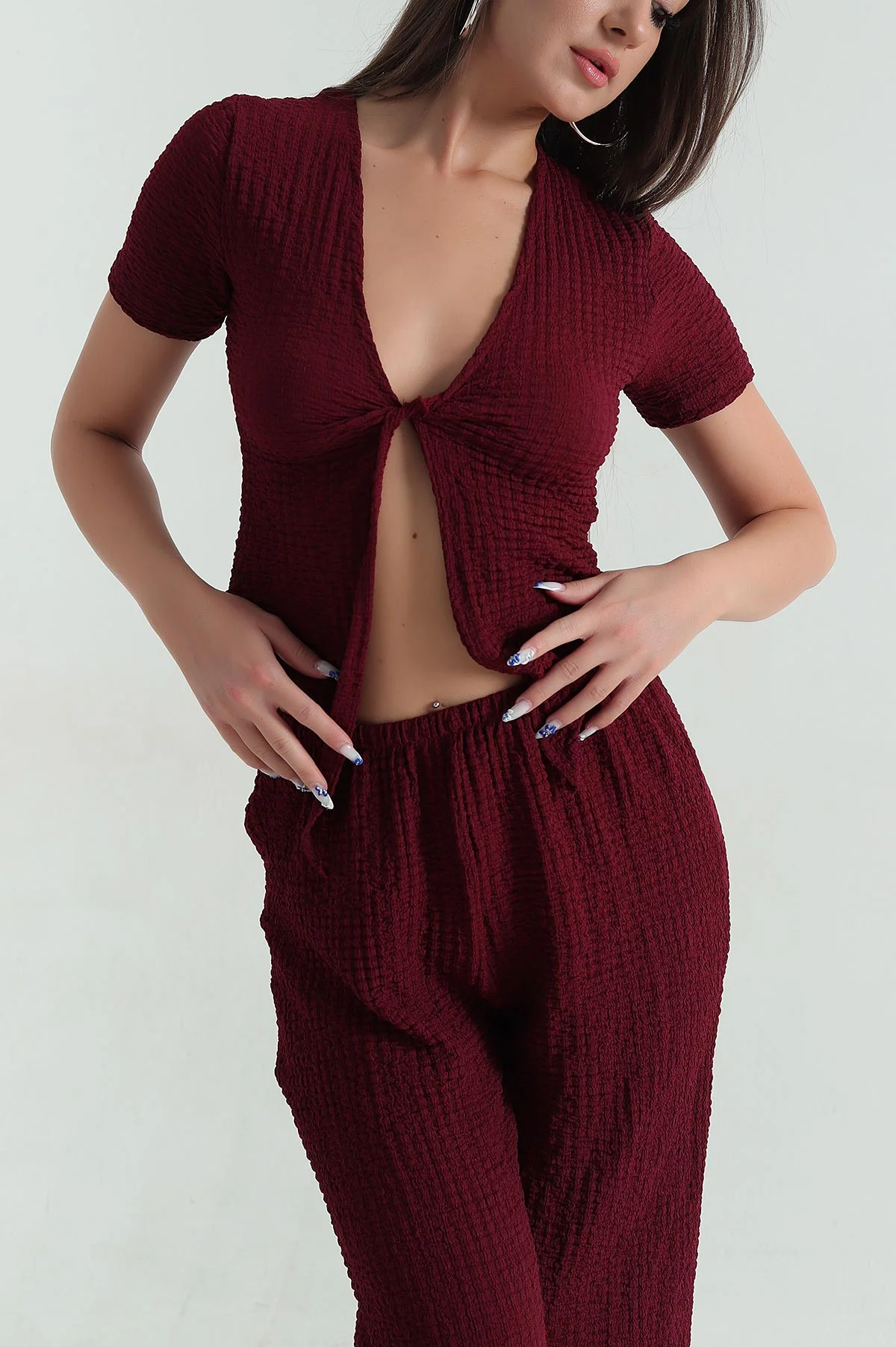 Bordo Gofre Likralı Kadın İkili Takım 369555