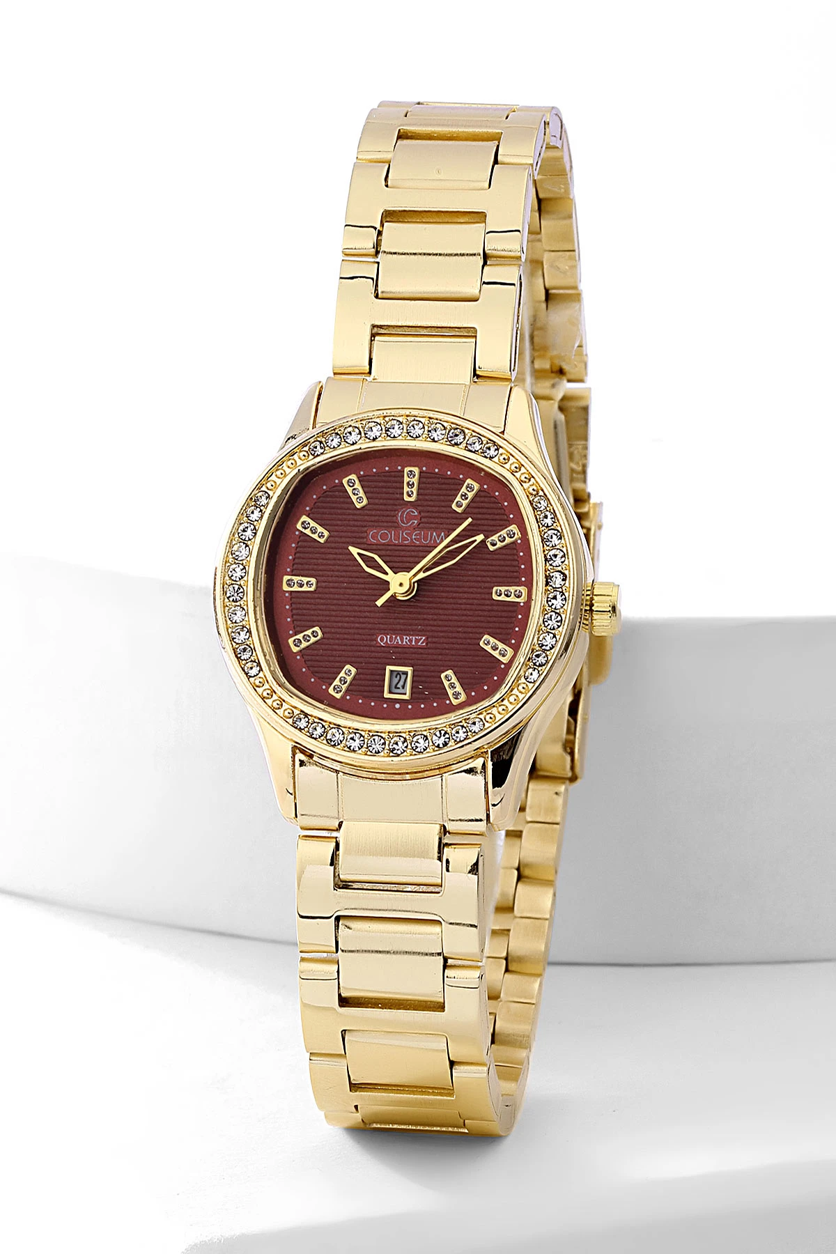 Bordo Gold  Takvimli Çerçevesi Zirkon Taşlı Kadın Saat 480072