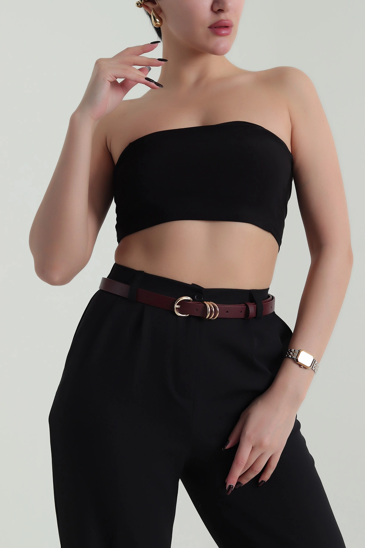 Bordo Gold Toka Detaylı Kadın İnce Kemer 421353