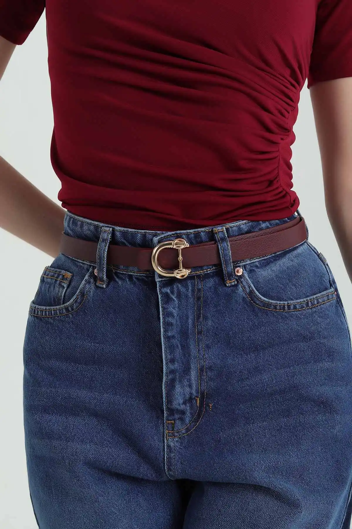 Bordo Gold Tokalı İnce Kadın Kemer 367701